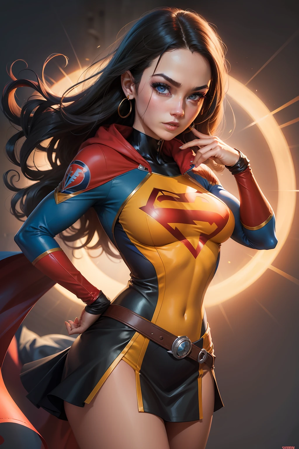 A Young Justice Girl Character, roupas em tons amarelo, vermelho e azul. Directed by: Jason Edmiston, Estilo Alex Ross, quadrinhos artgerm, Artgerm e Genzoman, Artgerm e Lois van Baarle, Artgerm Julie Bell Beeple, Artgerm e Ben Lo, Artgerm e Warren Louw