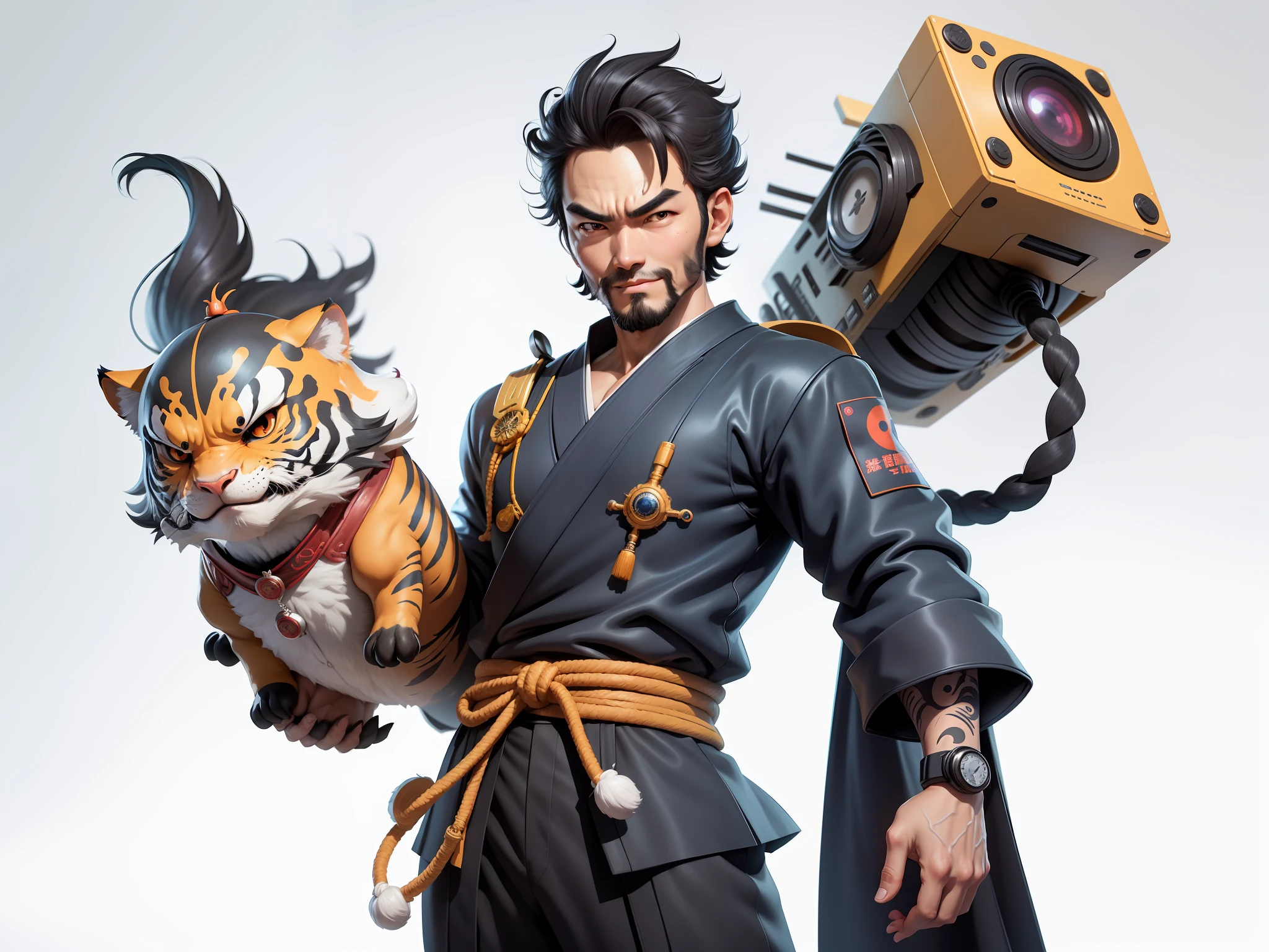 (Daisaku),(Need),(Super meticulous),(full bodyesbian:1.2),Super young man with Japanese geisha，Beautiful，orient，one tiger，Aeolian Thor，Raised sexy，爆乳，Oriental face，TV Anchor，Bust portrait illustration，In black suit，a blue tie，The face is slightly chubby，The face was clean，without a beard，Black super short hair，Black eyes，Smile confidently，3C computer sub-products，iPad， iphone，Digital painting，3D character design by Mark Clairen and Pixar and Hayao Miyazaki and Akira Toriyama，The illustration is a high-definition illustration in 4K resolution，With very detailed facial features and cartoon-style visuals。