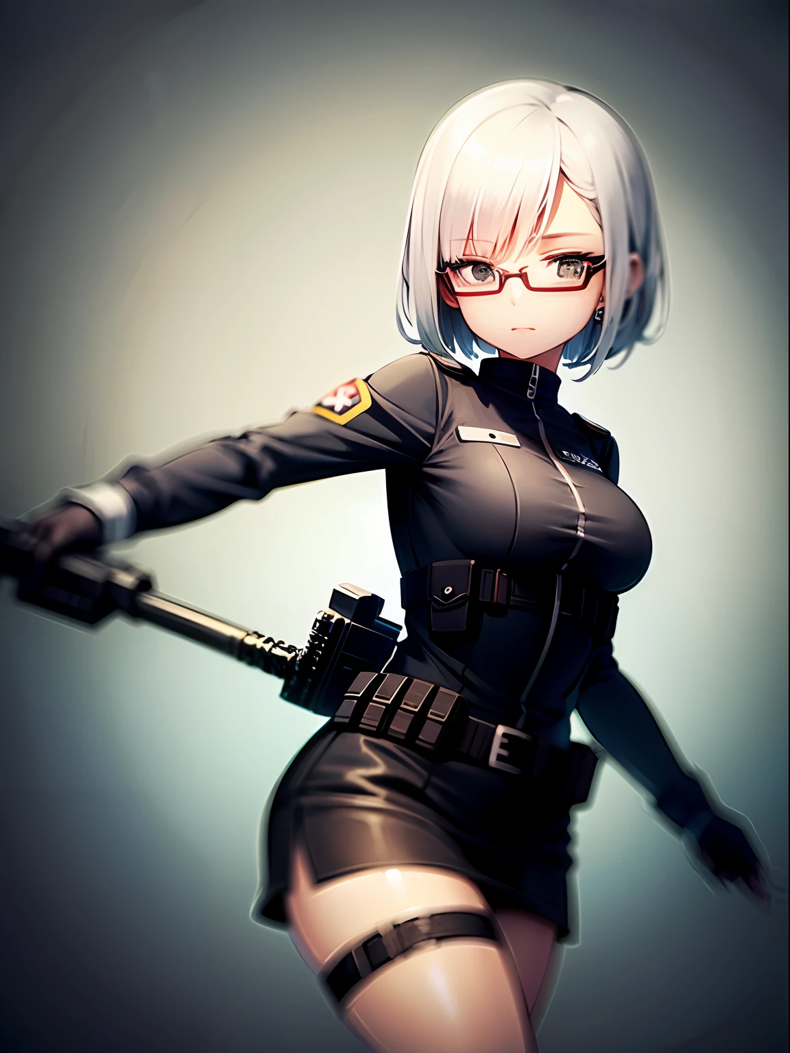 1girl, short white hair, wearing black spec ops uniform, black skirt, black holster, black bulletproof vest, holding gun, highres, 8k, ultrasharp, looking at viewer
