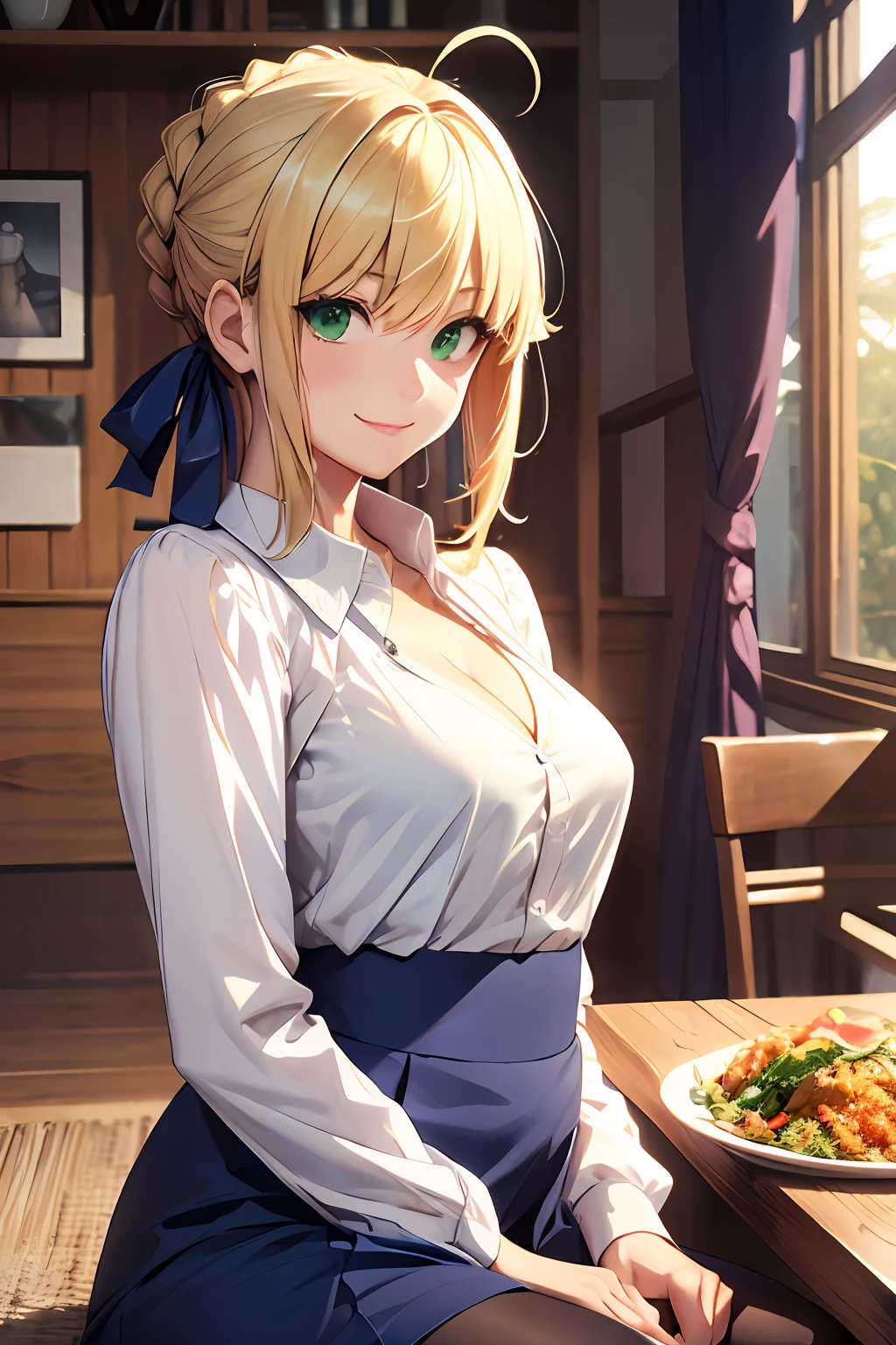 masterpiece, best quality, highres, ccsaber, blonde hair, green eyes, ahoge, white shirt, blue skirt, black pantyhose, indoors, food, rice, sitting, table, smile, cleavage