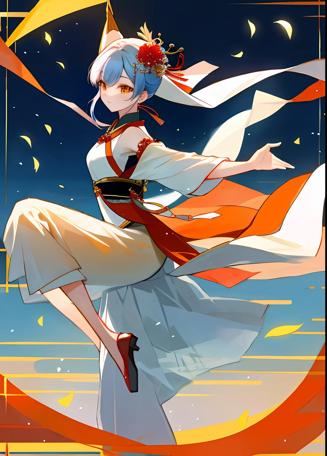 Please help me generate a picture of a fox-turned-beauty dancing。