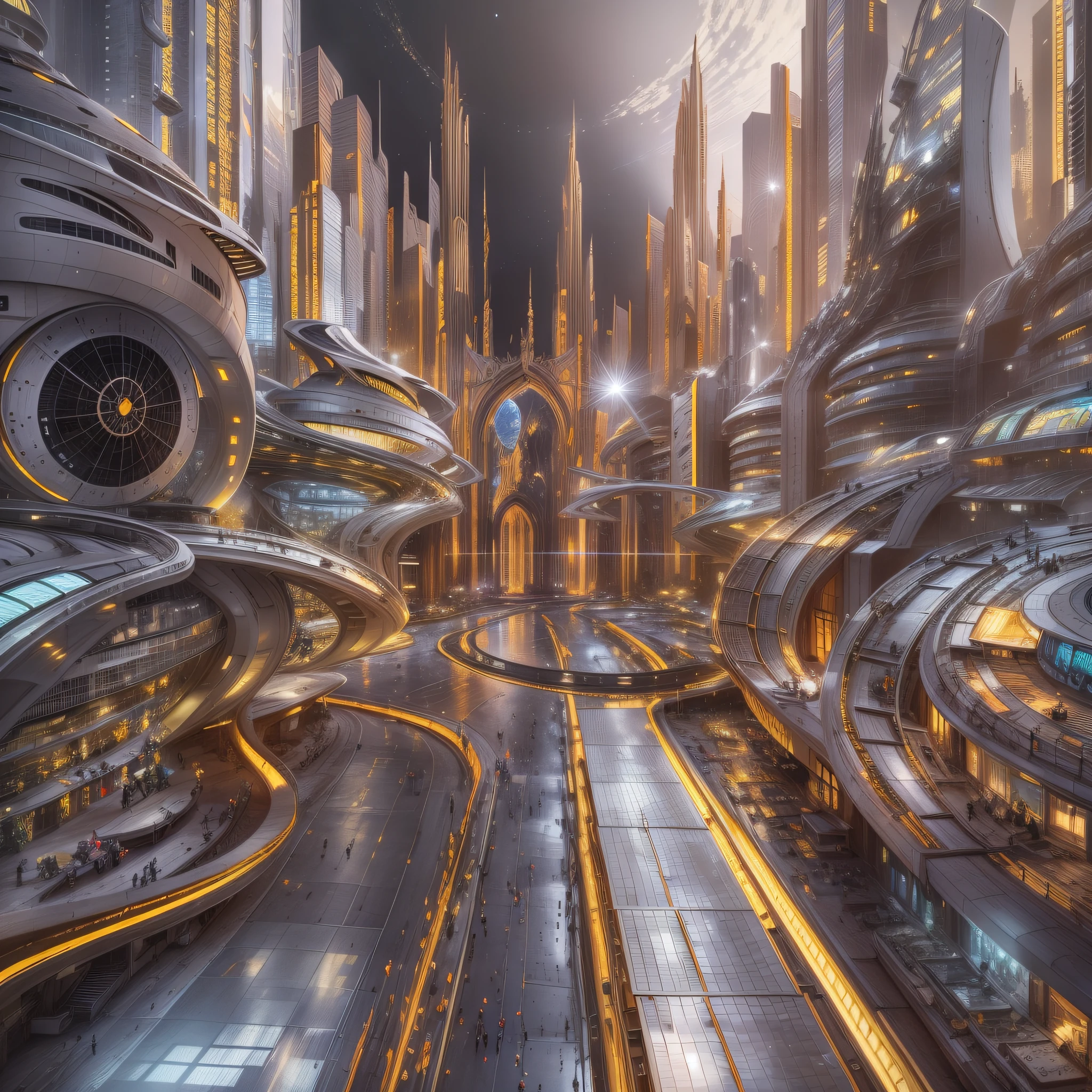 en un planeta desconocido la tripulacion de una spacecraft, Stroll through its bright pavement observing the immense buildings of great technology and fantastic design with colors of the luminous arch and abundance of silver, oro y bronce en sus edificaciones.
