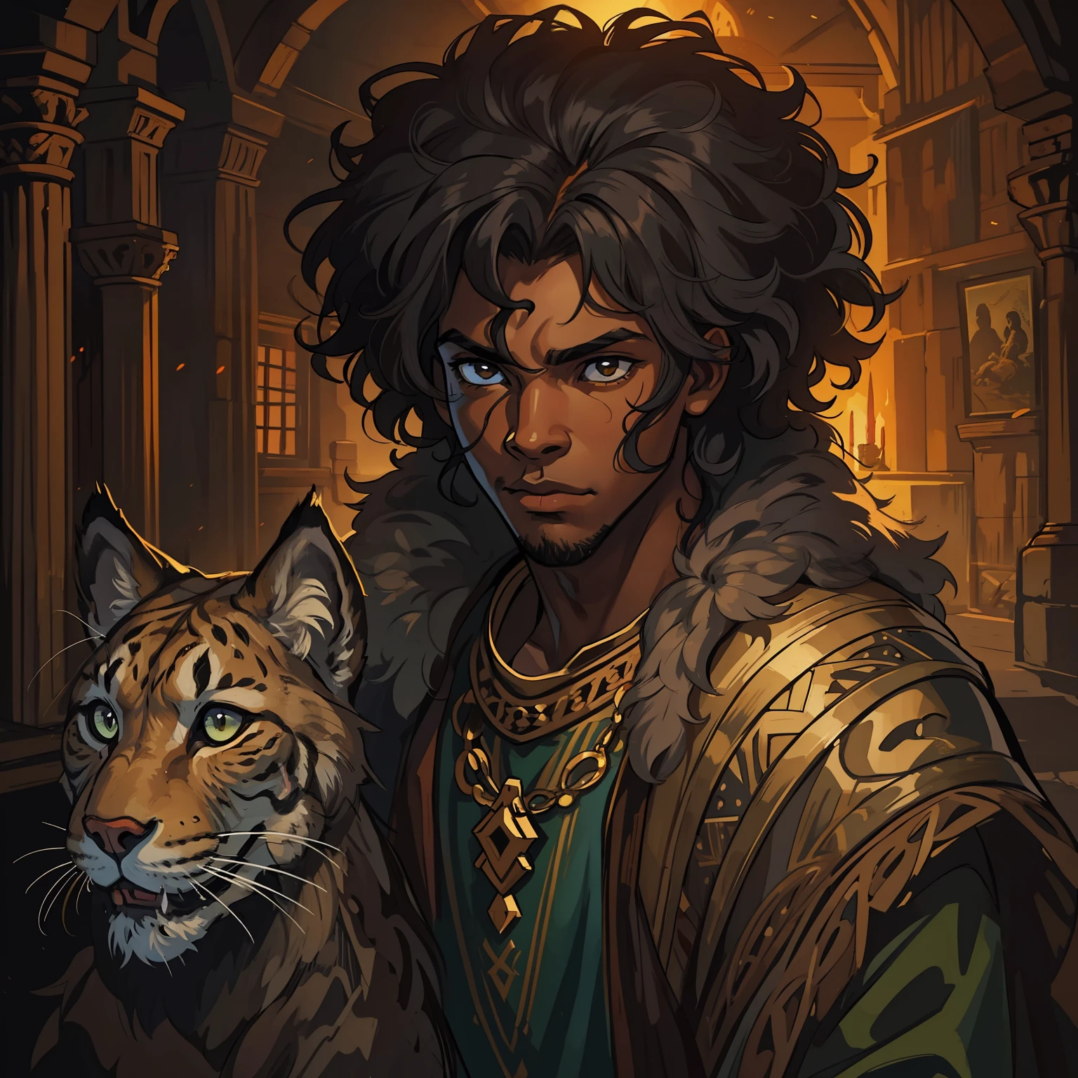 a young black man he has a determined look and voluminous hair curly hair beautiful curly hair presented in this image a true African art exalting black beauty this man is beautiful and also has the essence of a lynx create lynx ears in this man as a hybrid between lynx and beast leave the essence of the lynx in the image also depicting the connection of the animal with man an illustration for an RPG, uma arte medieval, He's in a dark wooden room with little light, iluminada por tochas, luz baixa, Exotic warm colors in a mysterious and sexy theme, uma arte de bardo medieval, RPG, Arte de RPG, Arte medieval, arte de RPG medieval, uma arte expressiva, arte conceitual