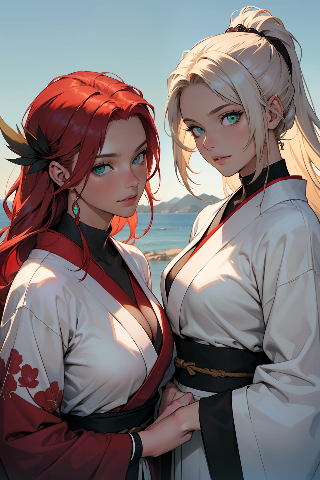 ((melhor qualidade)), ((obra-prima)), (altamente detalhado:1.3), two women, 2 women identical redhead twin sisters with sereja colored hair, cabelos longos, seios fartos olhos bonitos, uma com olhar sedutor em um quimono preto, a outra com um quimono branco e um olhar gentil, Running with wolves on a plateau in feudal Japan Two seductive women, cabelos vermelhos cor de cereja, longos cabelos vermelhos, twin sisters, cabelos vermelhos, elengantes, two young women, with long cherry red hair and emerald green eyes, rosto bonito, rosto detalhado, seiso grandes, seios fartos, rosto perfeito,, detailed hands, Perfect Packs Luxury Kimonos