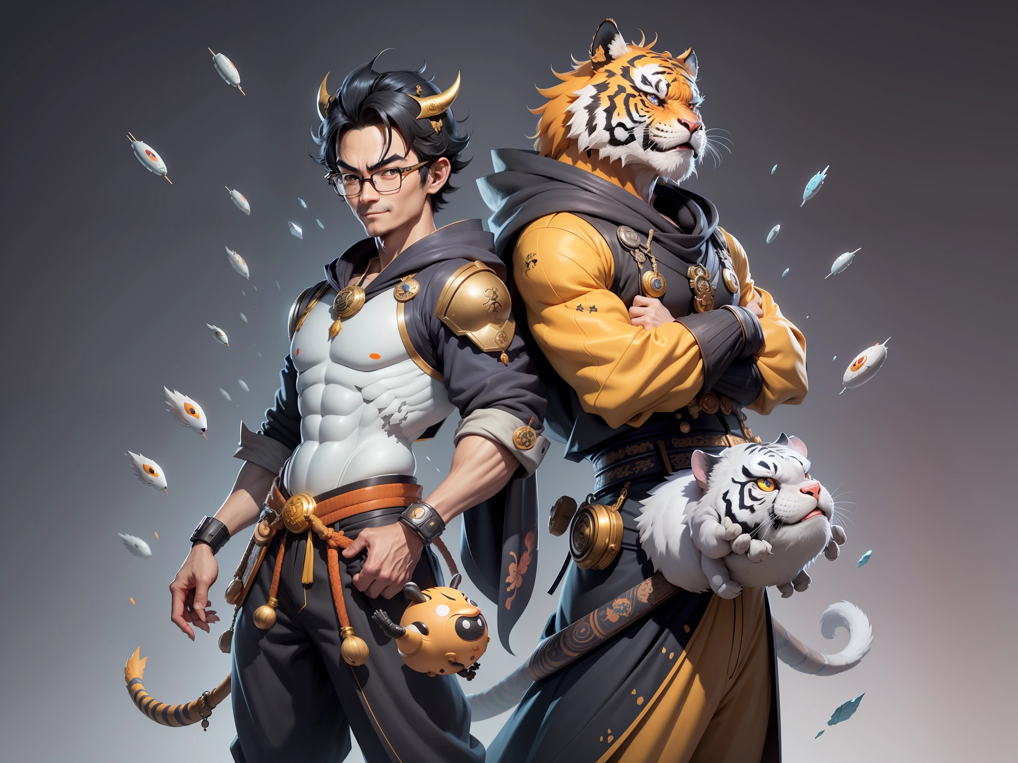 (Masterpiece), (Excellent), (Super Meticulous), (Full Body: 1.2), Super Young Man with Japanese Female Geisha, Pretty, Beautiful, Chinese Dragon, Tiger, Wind God Thor, Sexy, Bursting, Oriental Face, TV Anchor, Bust Portrait Illustration, Black Suit, Blue Tie, Slightly Chubby Face, Silver Glasses, Very Clean Face, No Beard on Chin, Black Super Short Hair, Black Eyes, Confident Smile, 3c Computer Sub-Products, iPad, iPhone, Digital Painting, 3D character design by Mark Clairedon and Pixar and Hayao Miyazaki and Akira Toriyama, the illustrations are HD illustrations in 4K resolution with highly detailed facial features and cartoon-style visuals.