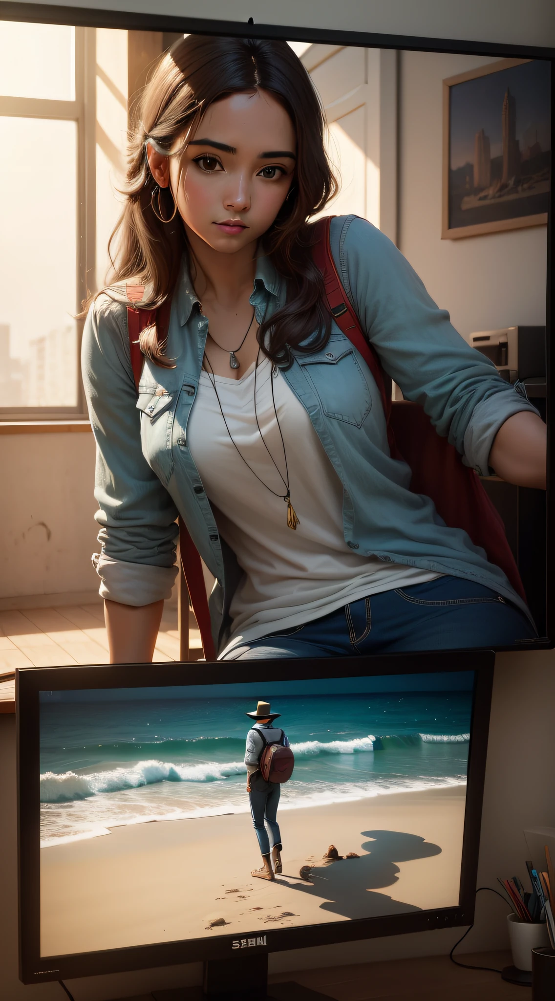 Imagem de uma pessoa sentada em uma cadeira, em um quarto escuro, focusing on the monitor in front of you, monitor tem arte de jornada,Imagem Ultrawide, 4k, Realistic