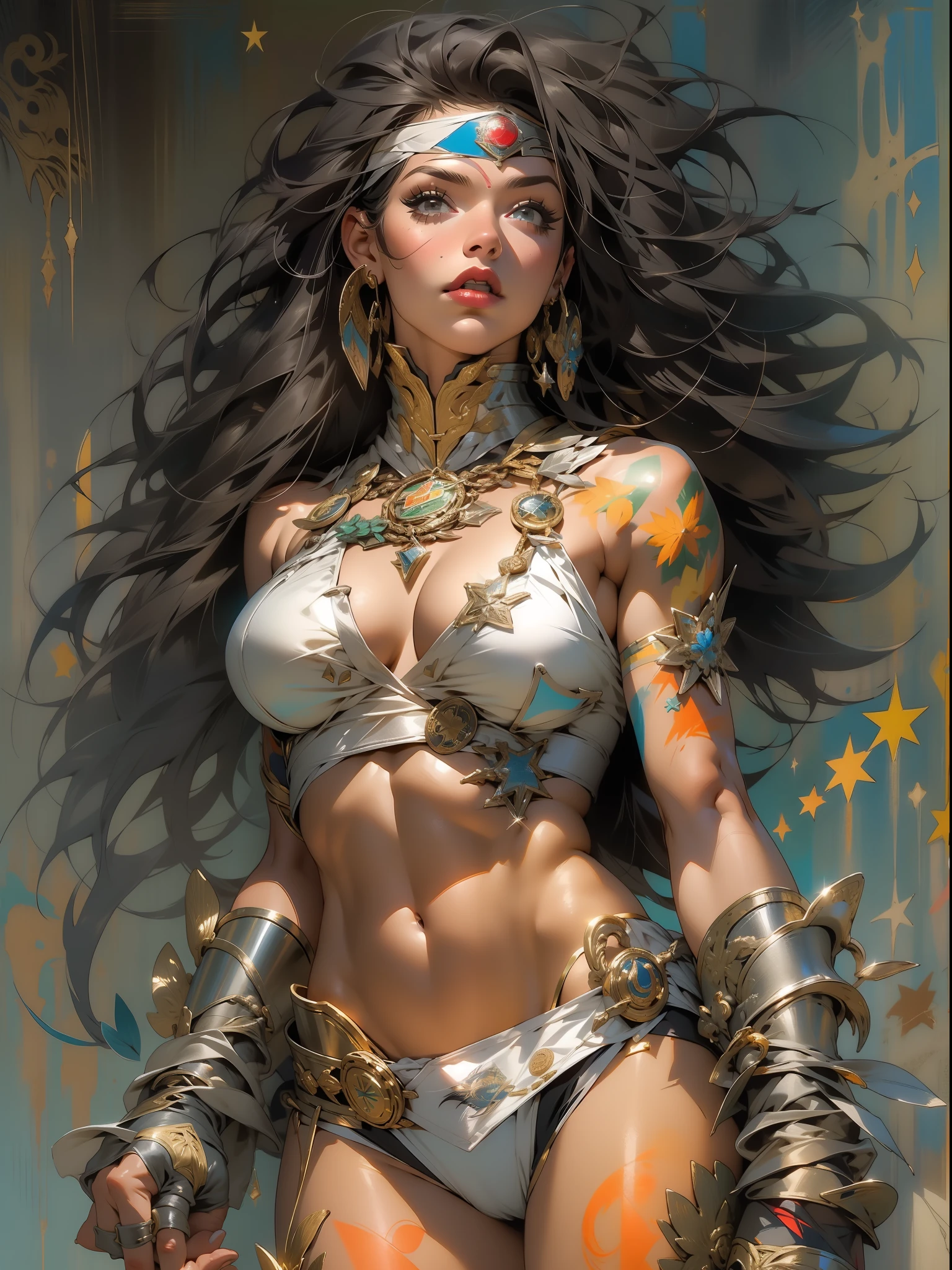 (((mulher))), (((melhor qualidade))), (((obra prima))), (((adulta))), Uma guerreira mulher de 35 anos com corpo perfeito, Brooklyn Gladiators, hand with steel gloves and metal tips, (( under boobs )), quase nua no estilo selvagem urbano de Simon Bisley para a capa da revista 2000 A.D., cabelo loiro, Minimum clothing, armadura (roupa feita com a bandeira do 🇧🇷 ), cheio de pontas e rebites manchadas de tinta, tatuagem de estrelas de 5 pontas, (((corpo inteiro))), cabelo preto curto com franja branca cobrindo a testa