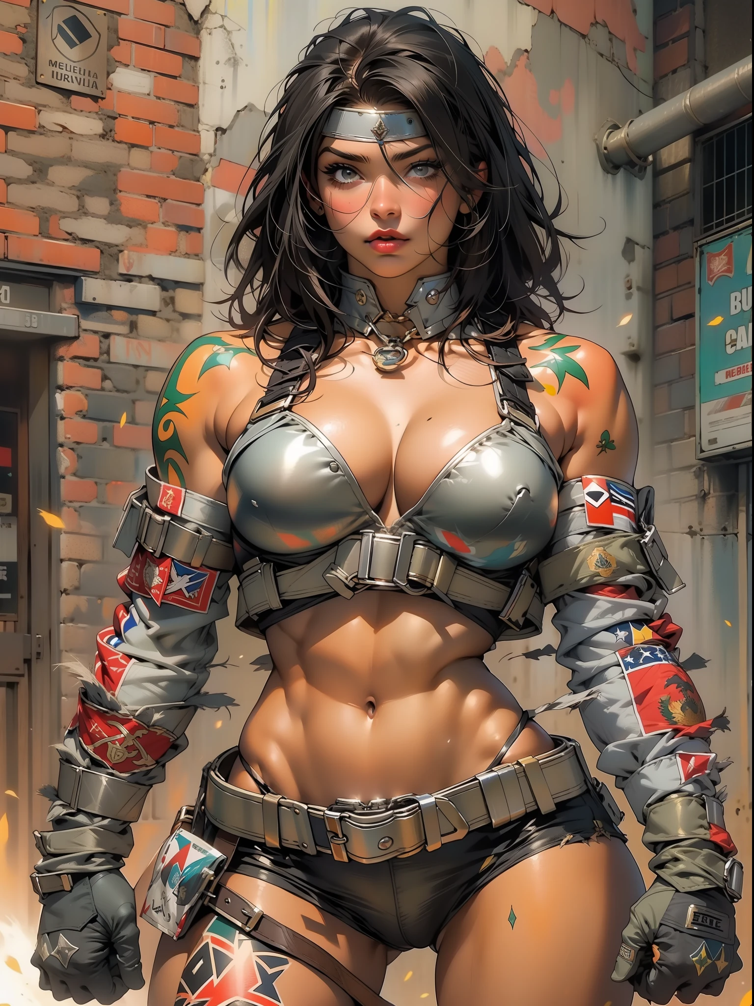 (((mulher))), (((melhor qualidade))), (((obra prima))), (((adulta))), Uma guerreira mulher de 35 anos com corpo perfeito, Brooklyn Gladiators, hand with steel gloves and metal tips, (( under boobs )), quase nua no estilo selvagem urbano de Simon Bisley para a capa da revista 2000 A.D., cabelo loiro, Minimum clothing, armadura (roupa feita com a bandeira do 🇧🇷 ), cheio de pontas e rebites manchadas de tinta, tatuagem de estrelas de 5 pontas, (((corpo inteiro))), cabelo preto curto com franja branca cobrindo a testa