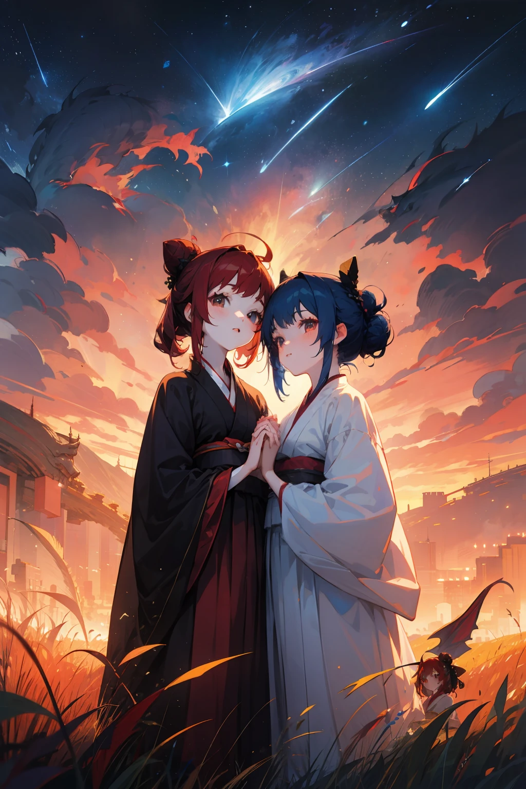 2girls, young girls, dragonkin, portrait, masterpiece. Blue hair, long hair with bun, black Hanfu, pale skin. Red hair, long hair with bun, white Hanfu, pink skin. Joining hands, looking at viewer, starry night, grass field, shooting star
