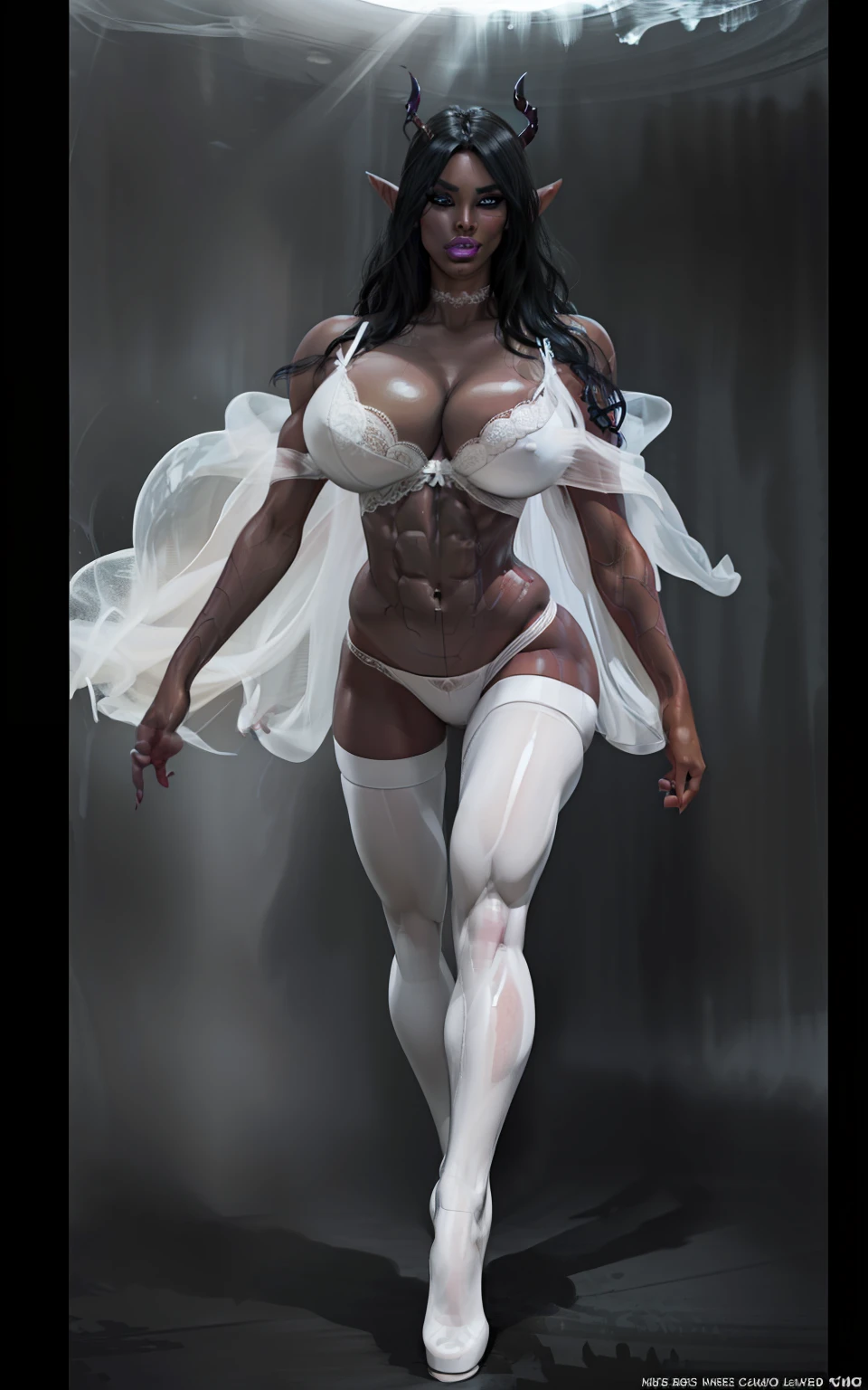 sehele style, anime style, (((dark elf))) (((charcoal skin:1.2))) and (((smoldering eyes))). Her (((horns curve elegantly backwards))), 8k, 4k, Unreal Engine 5, octane render, trending on pixiv, fanbox, skeb, (((translucent white lingerie))), masterpiece, ((slendered abs )),(huge breasts:1.4), (full bodied), wide hips, (full lips:1.5), smooth soft skin, big dreamy eyes, beautiful intricate colored hair, anime wide eyes, soft lighting, concept art, digital painting,