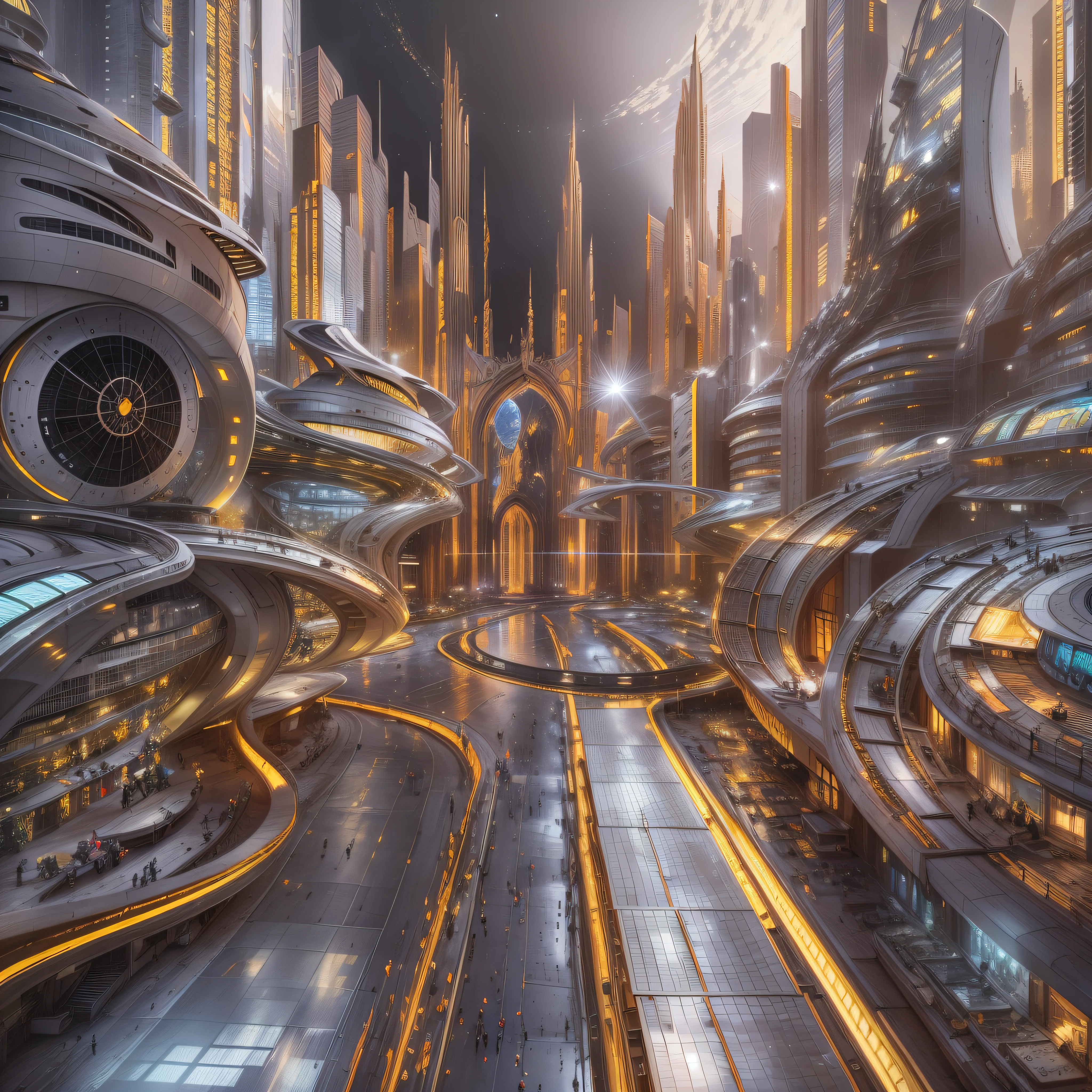en un planeta desconocido la tripulacion de una spacecraft, Stroll through its bright pavement observing the immense buildings of great technology and fantastic design with colors of the luminous arch and abundance of silver, oro y bronce en sus edificaciones.