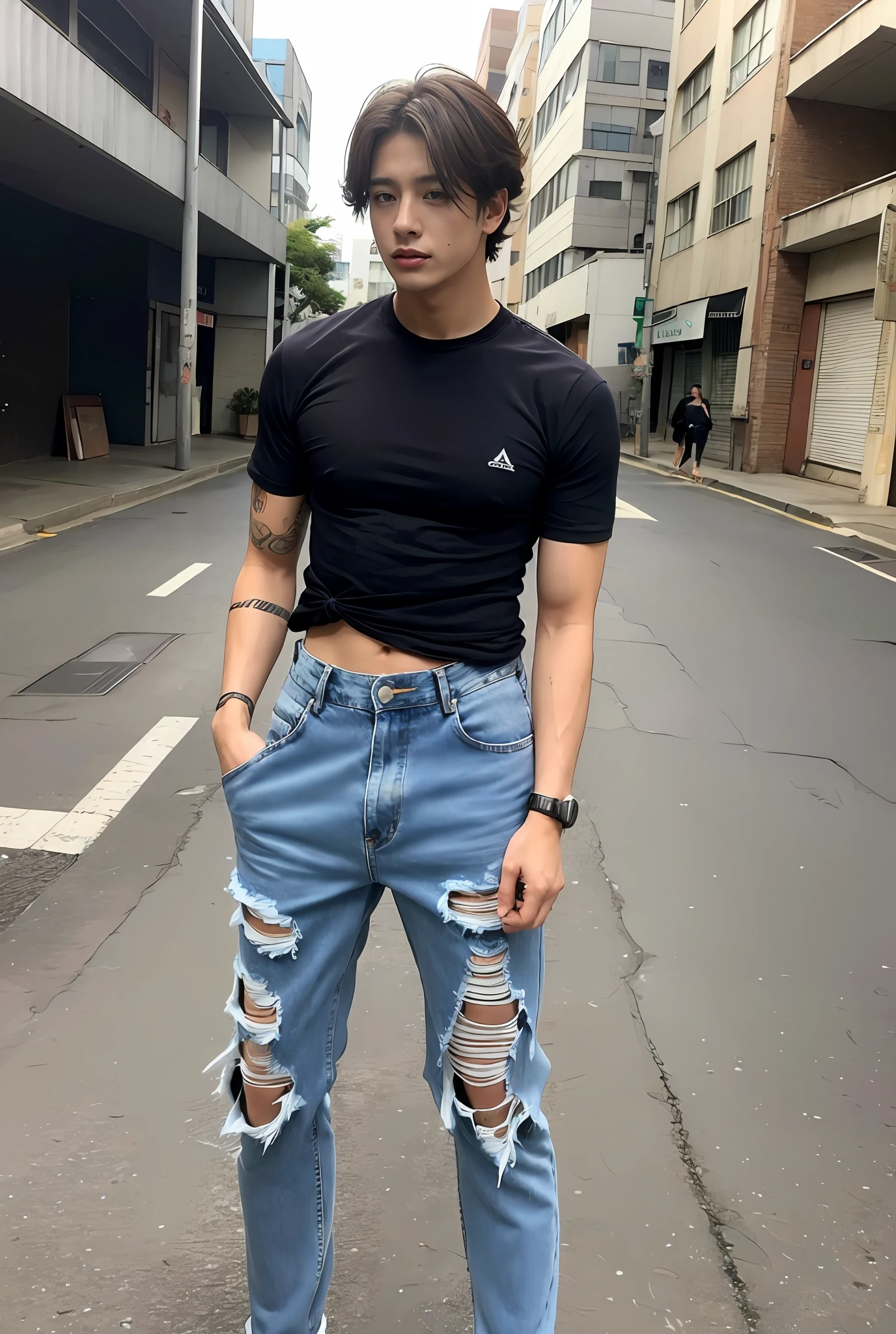 Um garoto coreano , wearing ripped jeans, Torn pants, (Jeans rasgada) (Torn pants), posing for photo shoot , corpo inteiro, fundo liso, jungkook, jungkook taeyang Jimim 1 boy, 1 homem, homem masculino coreano, homem masculino sozinho coreano sozinho, solo, sozinho, (alone) (sozinho) alone, sozinho sozinho sozinho sozinho SOZINHO SOZINHO SOZINHO SOZINHO