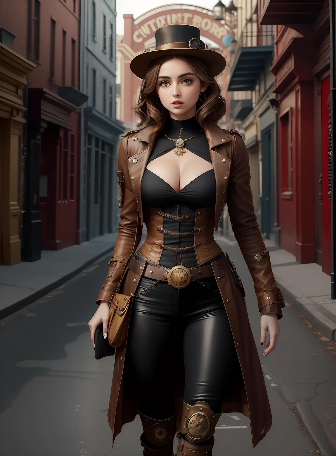 cute steampunk Ana De Armas wearing a stylish steampunk outfit in a steampunk street, cinematic 8k