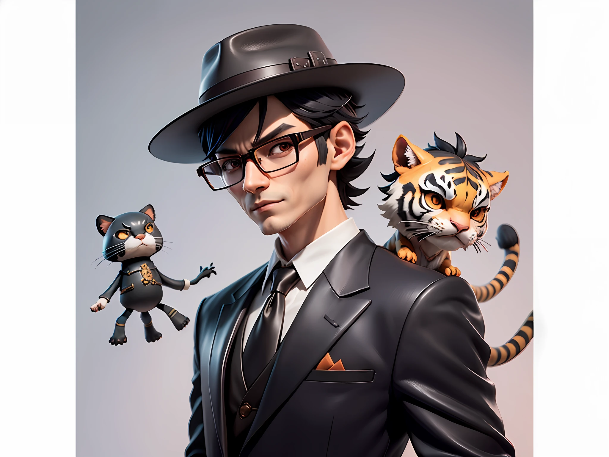 Young man with leather hat, tiger, dragon, oriental face in formal suit, short black hair, silver glasses, digital painting, 3D character design by Mark Clairedon and Pixar and Hayao Miyazaki and Akira Toriyama, the illustration is a high-definition illustration in 4K resolution with very detailed facial features and cartoon-style visuals.