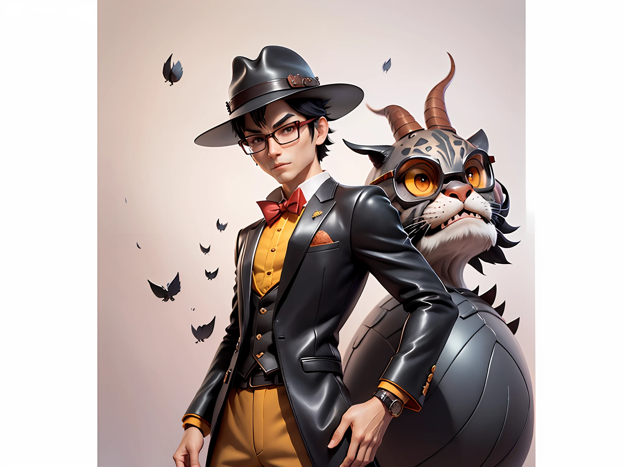 Young man with leather hat, tiger, dragon, oriental face in formal suit, short black hair, silver glasses, digital painting, 3D character design by Mark Clairedon and Pixar and Hayao Miyazaki and Akira Toriyama, the illustration is a high-definition illustration in 4K resolution with very detailed facial features and cartoon-style visuals.