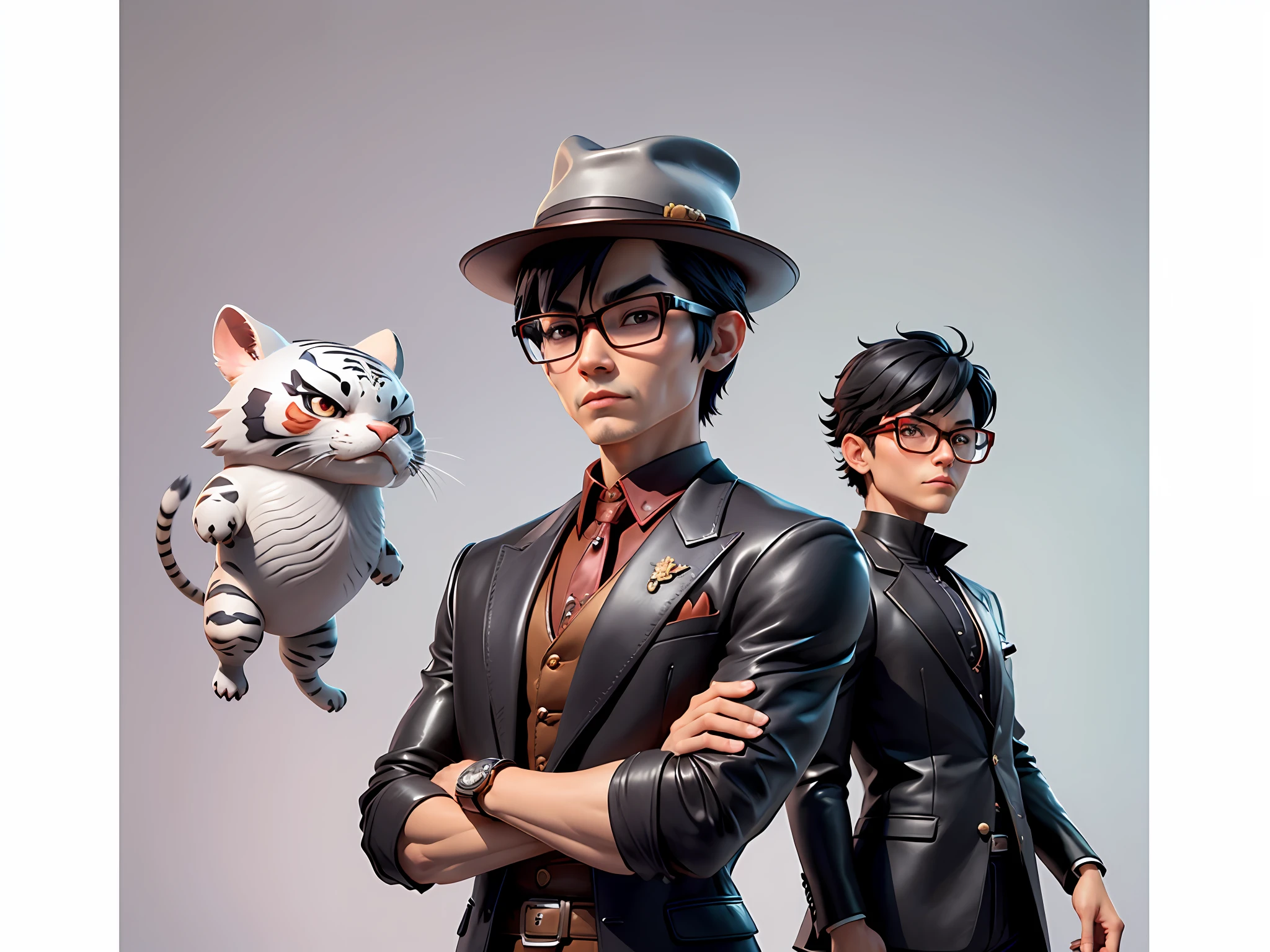 Young man with leather hat, tiger, dragon, oriental face in formal suit, short black hair, silver glasses, digital painting, 3D character design by Mark Clairedon and Pixar and Hayao Miyazaki and Akira Toriyama, the illustration is a high-definition illustration in 4K resolution with very detailed facial features and cartoon-style visuals.