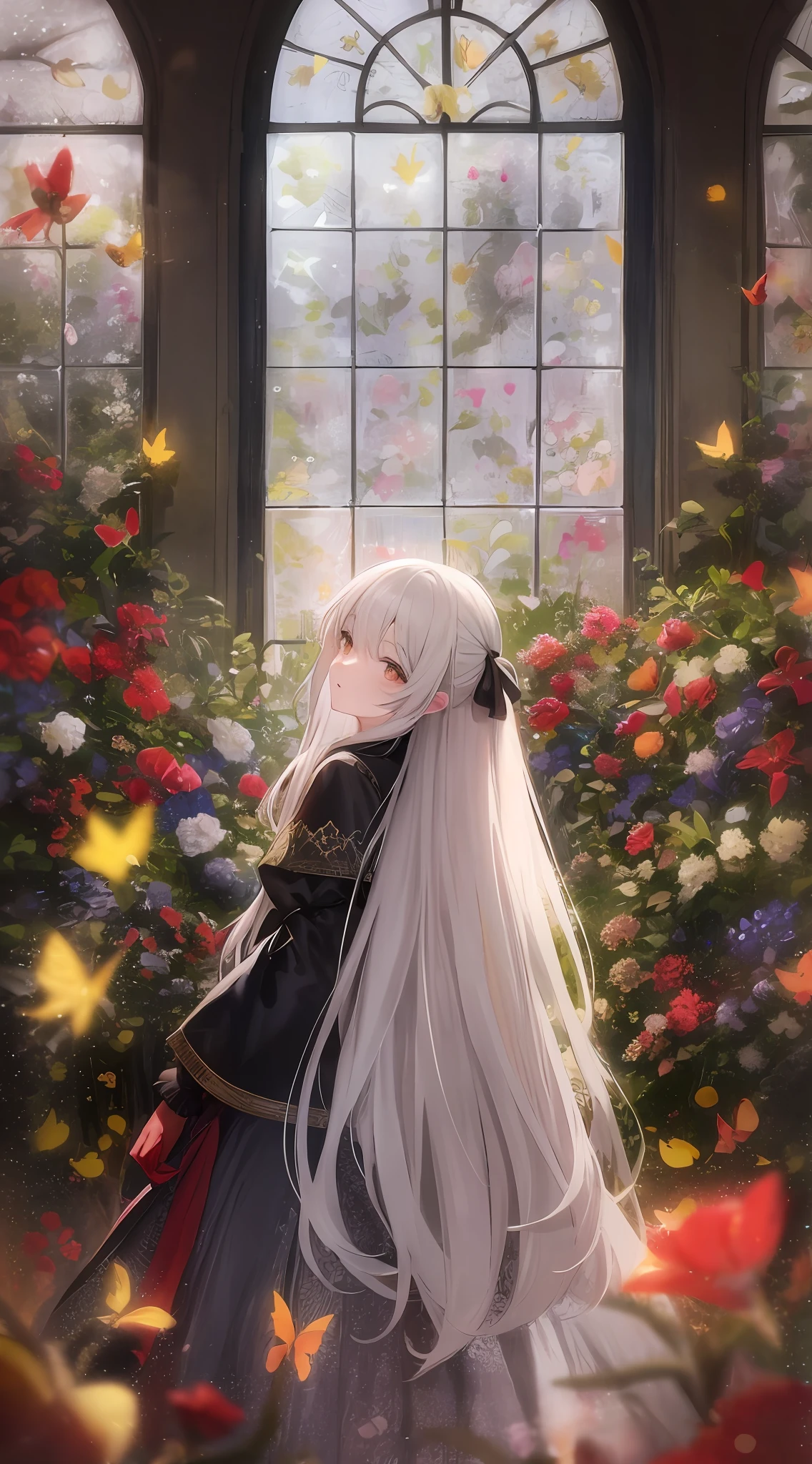 softlighting,soft focus,Hazy picture,Huge stained windows,The windows are transparent,1girll,Golden birdcage,Thorny vines,Red butterfly,mitts,(very intricate),Exquisite,Complex hairstyles,long skirt,RococoStyle,Bow knot,Cross straps,Gorgeous dress,Large skirt,frilld,Love decoration,(Elegant vintage clothing design),rosette,whaite hair,long white hair,The brightness of the picture is high,Low contrast,The overall feeling is like an oil painting,trpical garden,Close-up,Close-up Shot Shot,Holy,Holy