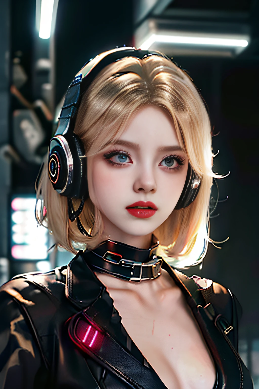 1girl, franja, blonde hair, olhos negros, Menina-menina, corte de bob, medium hair, clivagem, 鎖骨, jaqueta aberta, Cyberpunk, neon lights, seios grandes, Mature female, pele brilhante, chuva, Drop of water, Badass, sedutor, Mecha Musume, Fantasma na Concha, red lips, olhando para o lado, boca fechada, headphones on head, Cinematic lighting