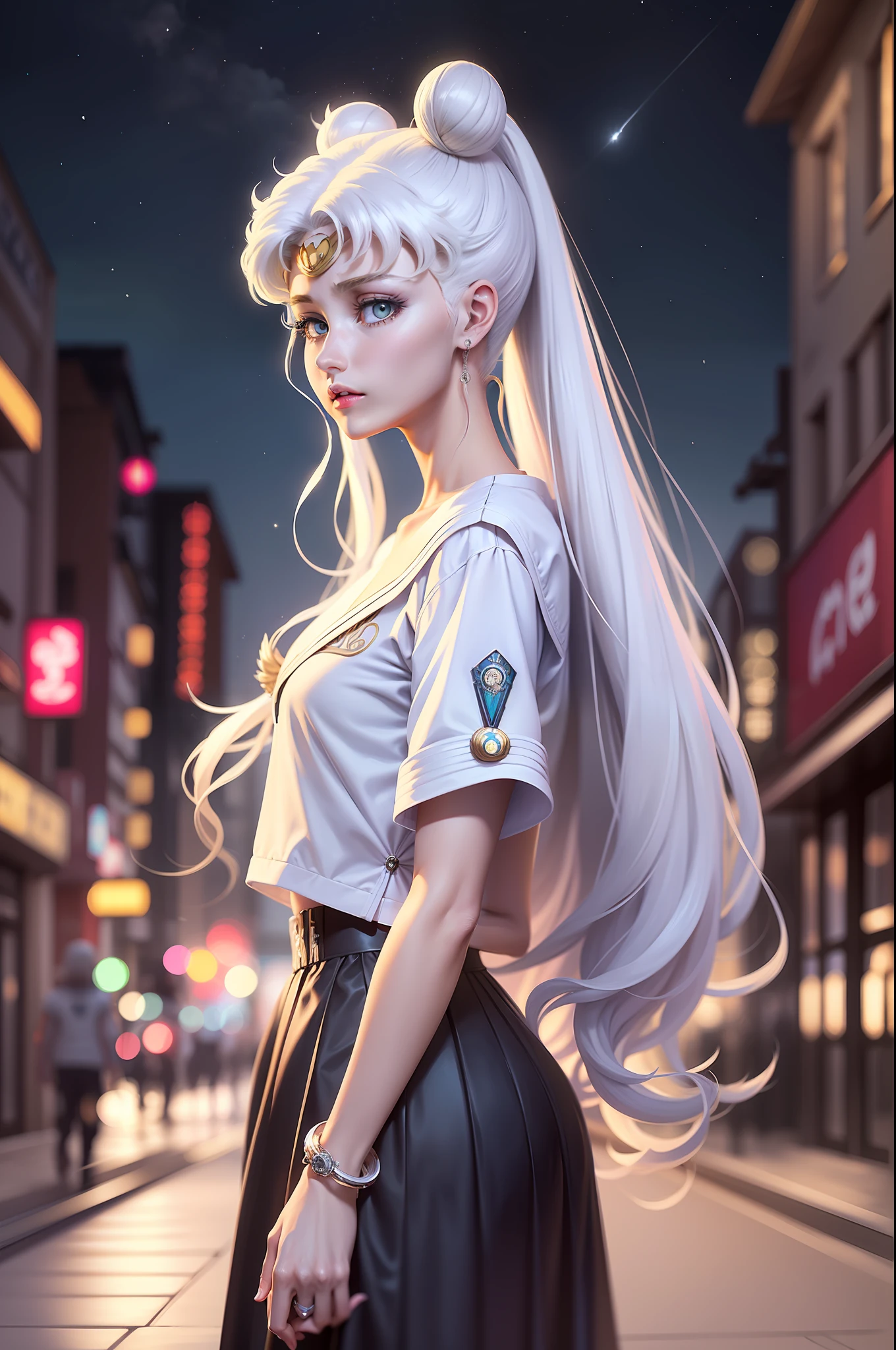 white girl (Sailor Moon) in fashionable clothes, Modern Japanese Fashion Clothing, white colored hair, Long white hair, gray hairs, Two bundles on the head, Odango hairstyle, pale skin, Cyan eyes , in full height, Lamborghini against the backdrop of a Japanese night city