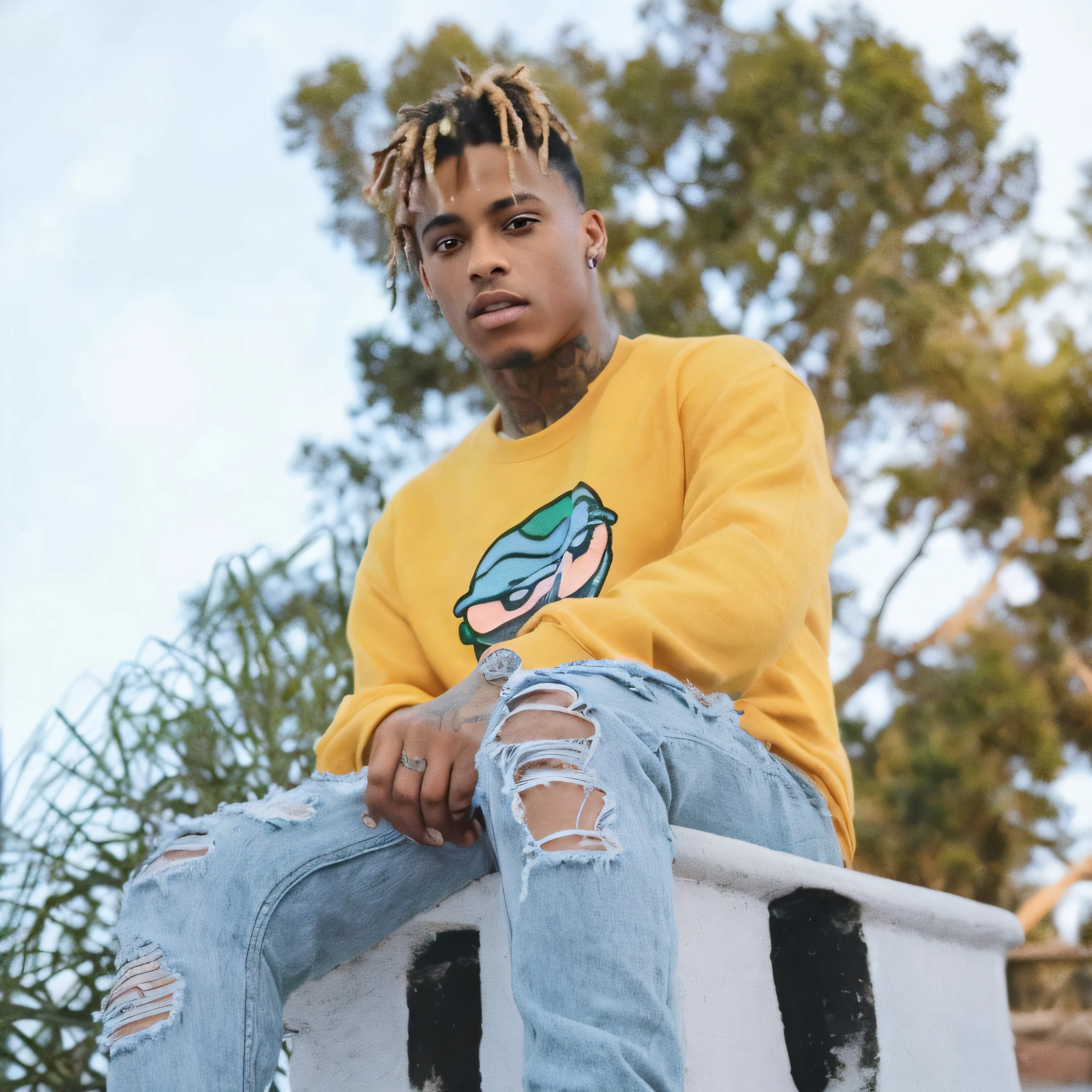 Araffe sentado en una repisa con una patineta en la mano, xxxtentacion, Sur, Foto al estilo de Tyler Mitchell, Libros de retratos de Playboi, Libros de Playboi, Al estilo de Tyler Mitchell, wearing a colorful coogi sweater, psycho, Oceanside, photo session, Lil Uzi Verde, photo session, Mirando de esta manera, ojos locos
