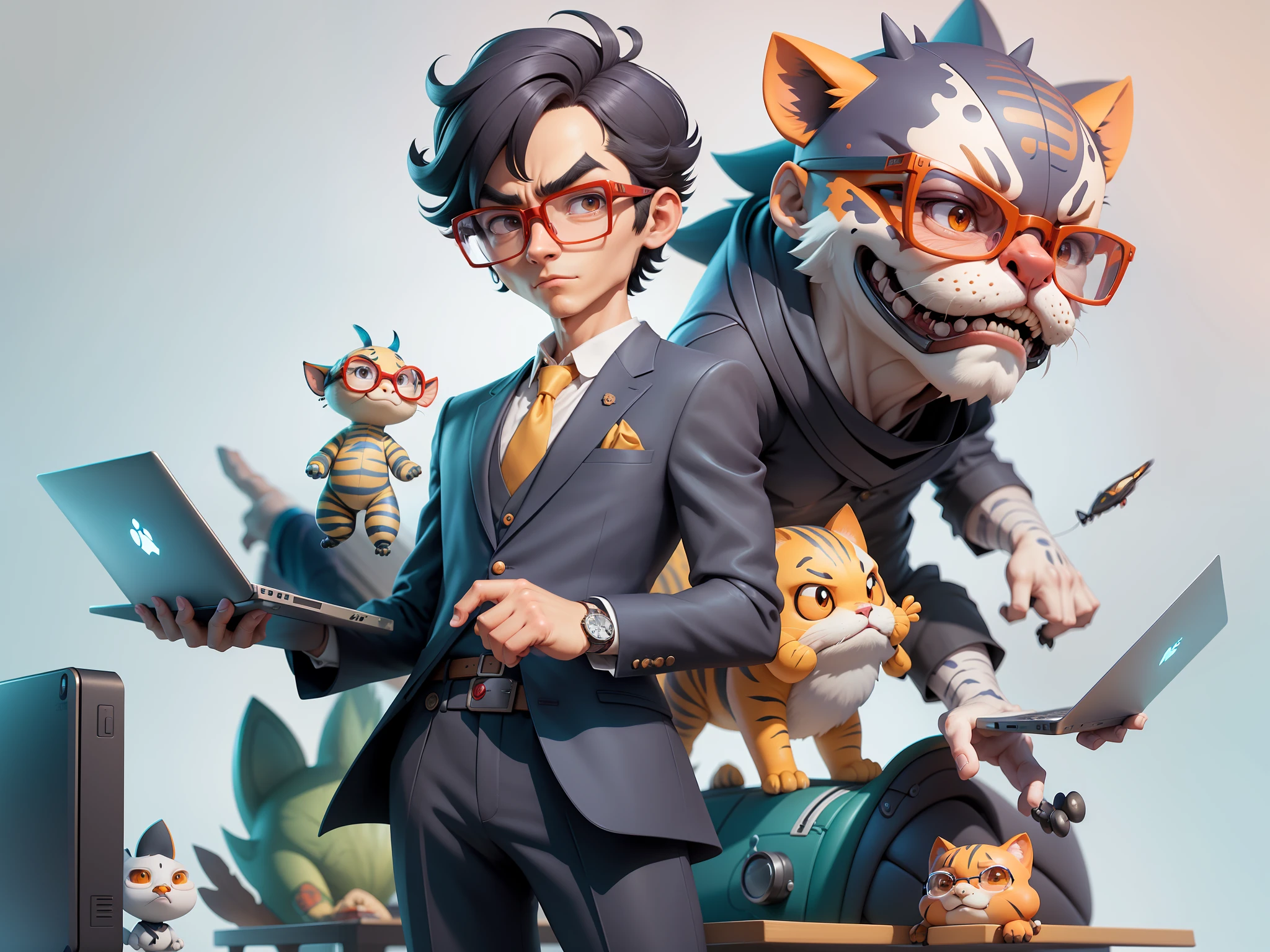 A young man in a suit, Short hair and glasses sat at his desk，holding laptop，digitial painting，tigre，3D character design by Mark Clairen and Pixar and Hayao Miyazaki and Akira Toriyama，4K HD illustration，Very detailed facial features and cartoon-style visuals。