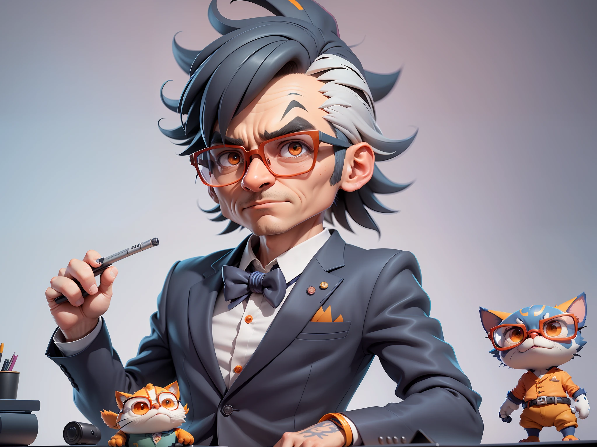 A young man in a suit, Short hair and glasses sat at his desk,holding laptop,digitial painting,tigre,3D character design by Mark Clairen and Pixar and Hayao Miyazaki and Akira Toriyama,4K HD illustration,Very detailed facial features and cartoon-style visuals。