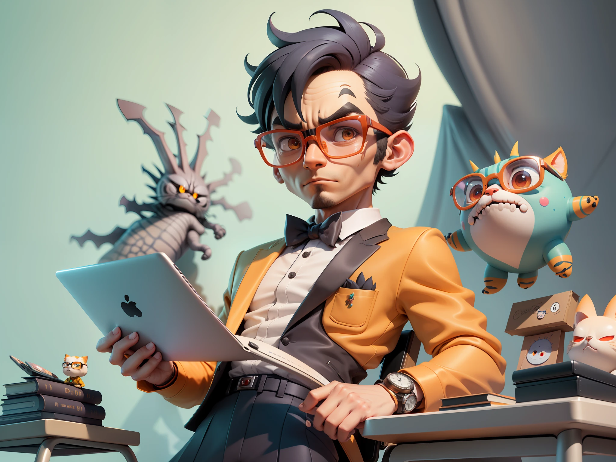 A young man in a suit, Short hair and glasses sat at his desk，holding laptop，digitial painting，tigre，3D character design by Mark Clairen and Pixar and Hayao Miyazaki and Akira Toriyama，4K HD illustration，Very detailed facial features and cartoon-style visuals。