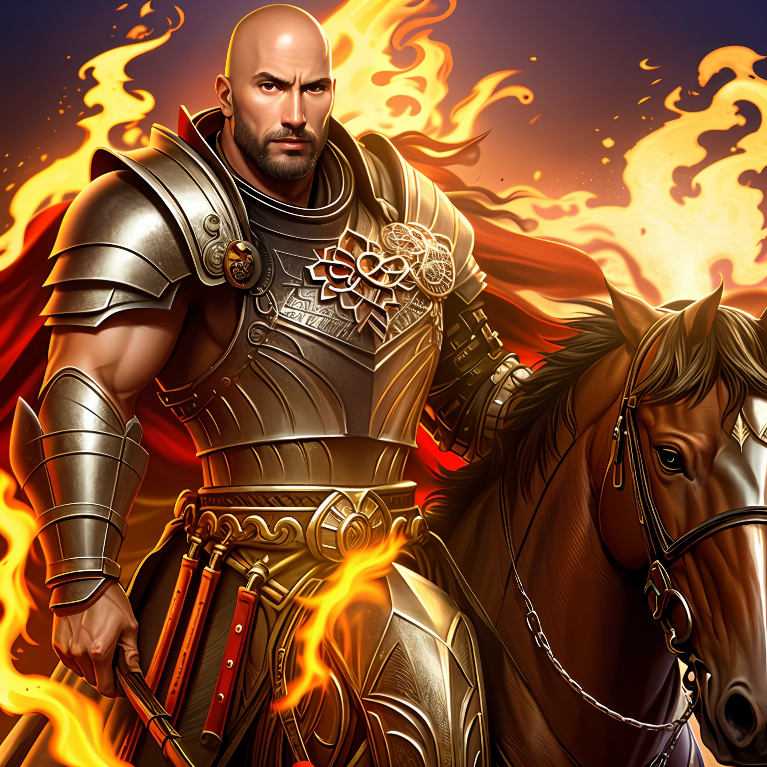 Moroccan bald beard medieval muscular handsome full body Armor riding great Legendary horse hell blazing fire super detailed hyper realistic