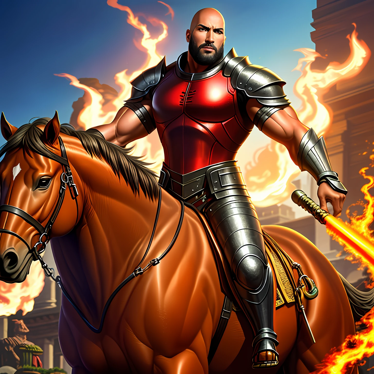 Moroccan bald beard medieval muscular handsome full body Armor riding great Legendary horse hell blazing fire super detailed hyper realistic