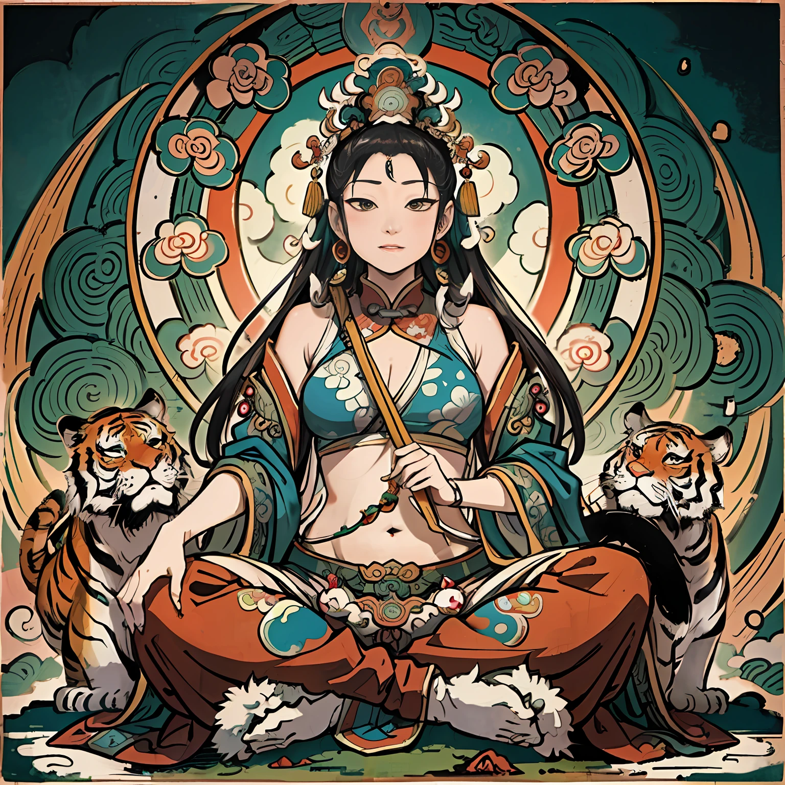 an ancient Chinese goddess, guanyin of the southern seas, Guanyin, Inspired by India, Avalokiteshvara rides a tiger,,Serene expression,shui mo hua,Buddha,Buddhist,Lotus,Chinese painting style,Thangka style
