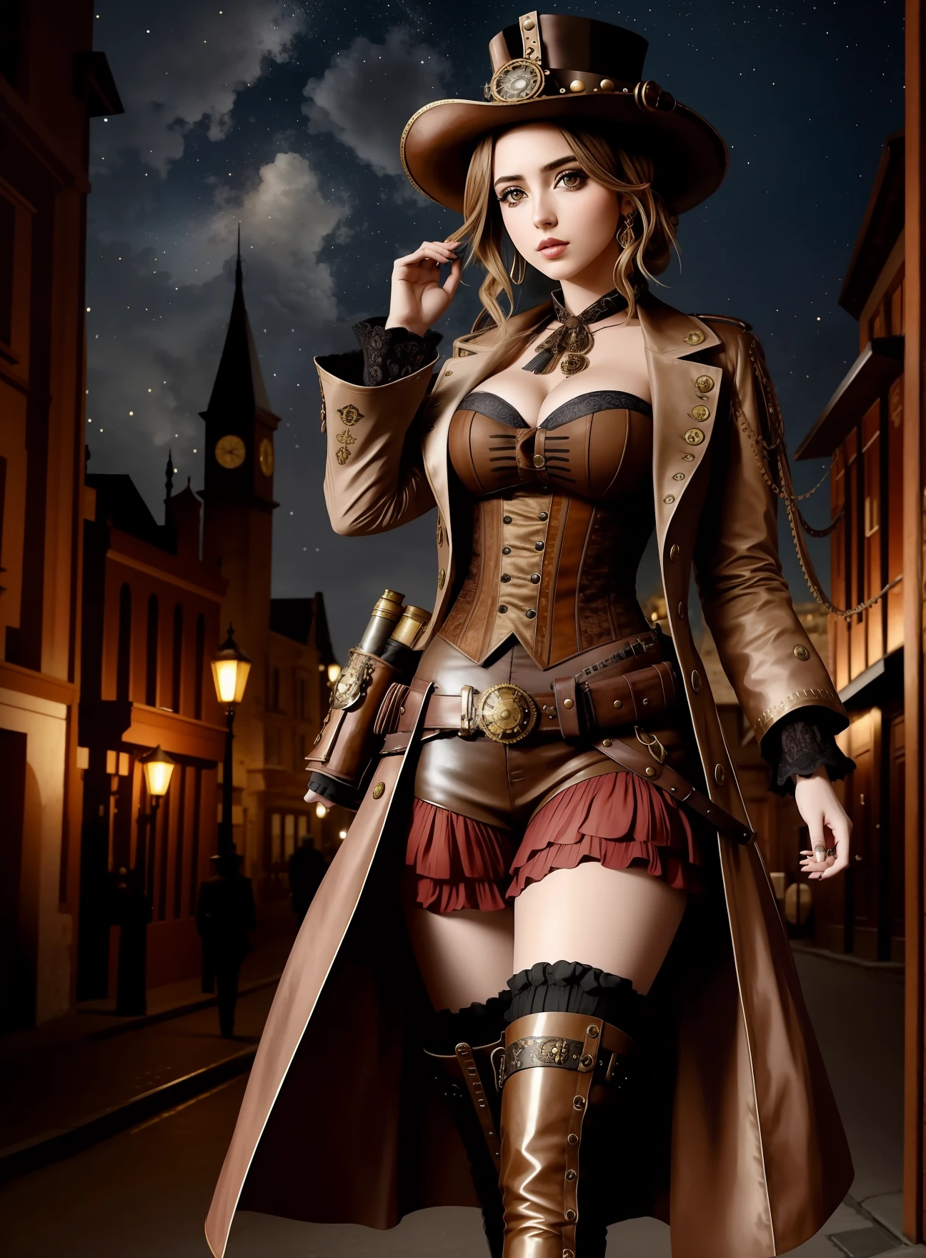 steampunk bonito Ana De Armas usando uma roupa steampunk elegante em uma rua steampunk, Cinematic Starry Night 8K