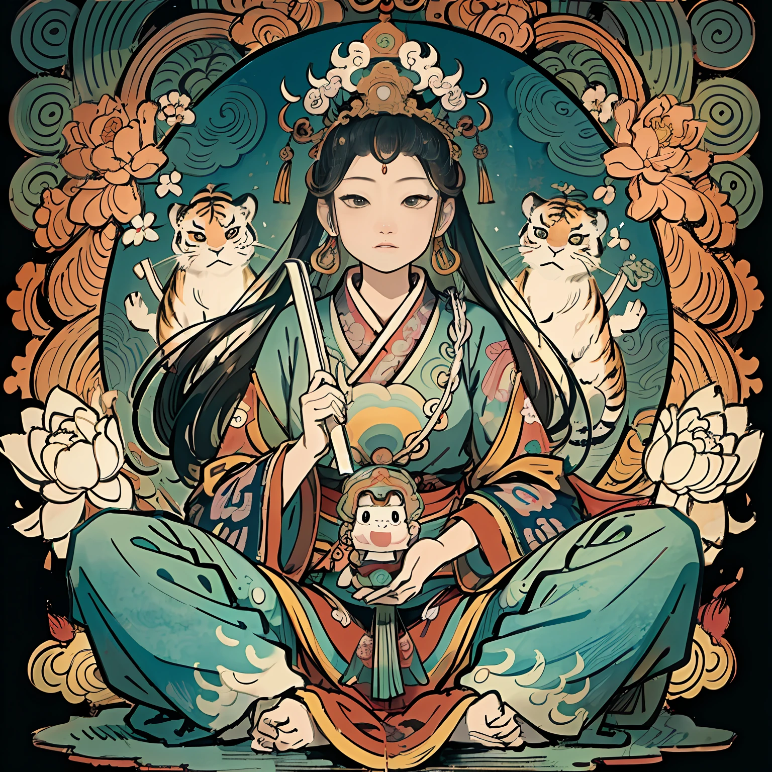 an ancient Chinese goddess, guanyin of the southern seas, Guanyin, Inspired by India, Avalokiteshvara rides a tiger,,Serene expression,shui mo hua,Buddha,Buddhist,Lotus,Chinese painting style,Thangka style