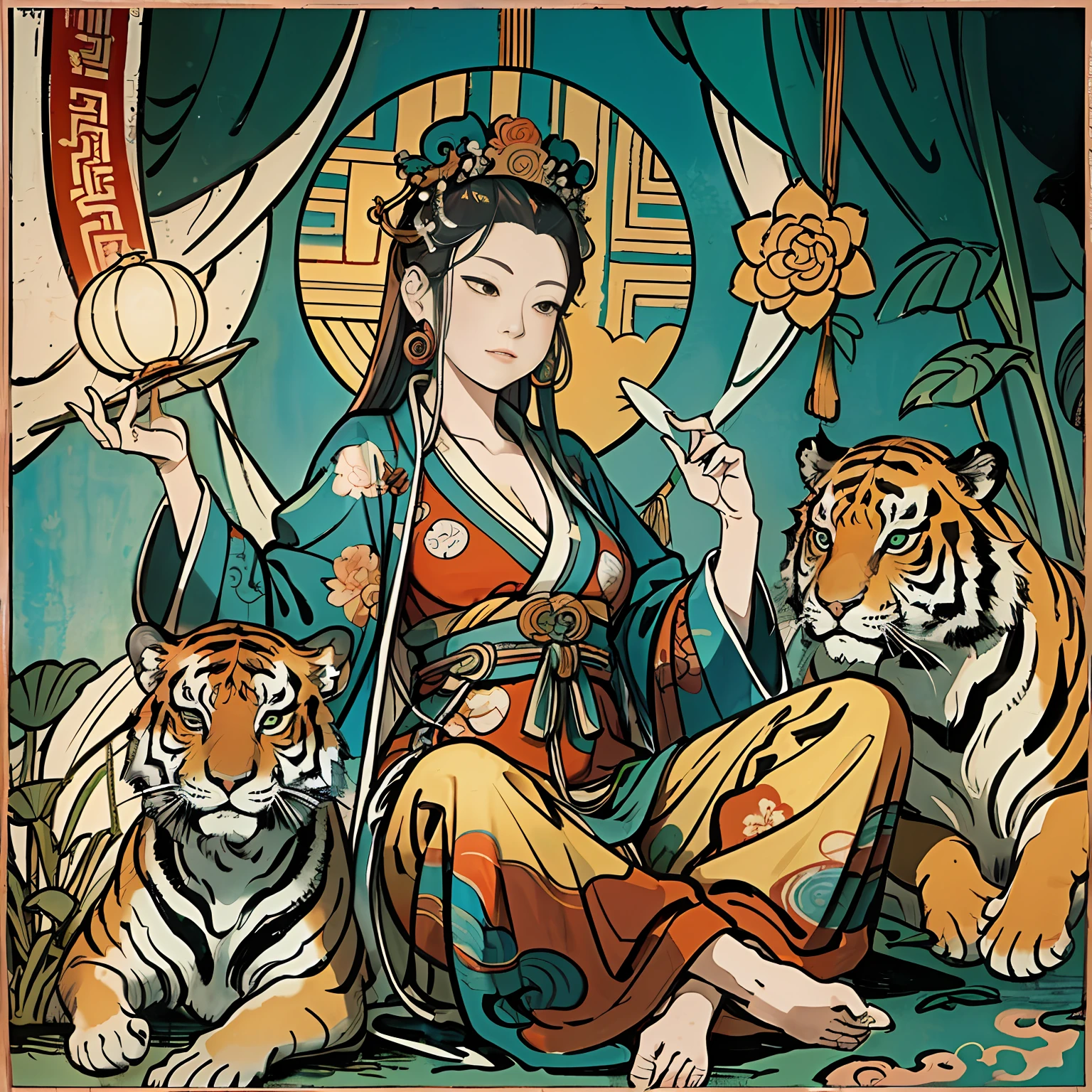 an ancient Chinese goddess, guanyin of the southern seas, Guanyin, Inspired by India, Avalokiteshvara rides a tiger,,Serene expression,shui mo hua,Buddha,Buddhist,Lotus,Chinese painting style,Thangka style