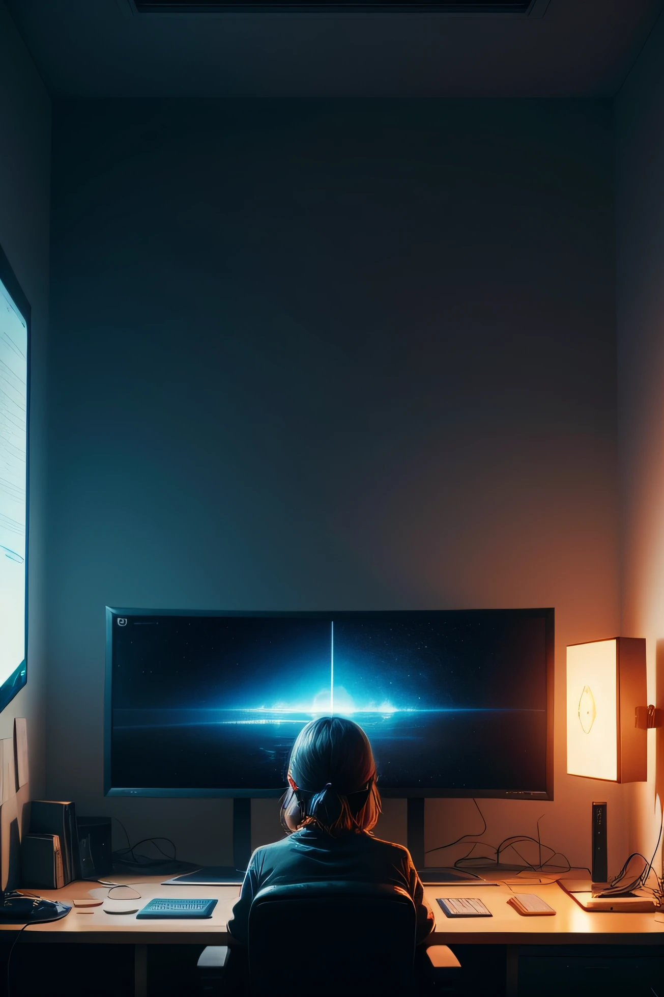 Image of a person sitting on a chair, in a dark room, focusing on the monitor in front of them, monitor has journey art,ultrawide image, 4k, realistic