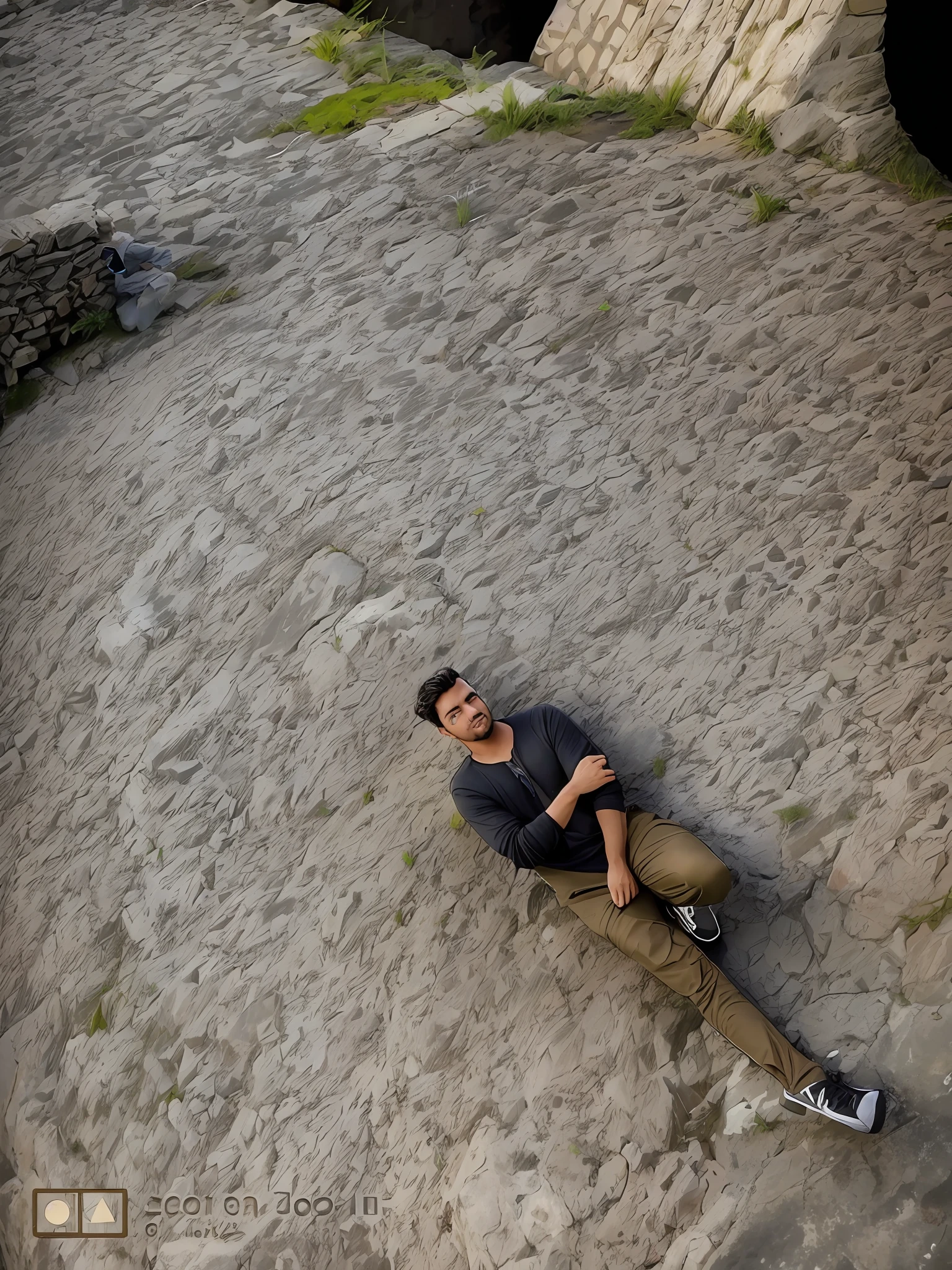 arafed man sitting on a stone wall with a cell phone, full body photogenic shot, !! low contrast!!, lying pose on stones, at an ancient city, photo taken in 2 0 2 0, leaning on the wall, in an urban setting, very artistic pose, in city street, with a cool pose, shot on sony a 7, candid picture