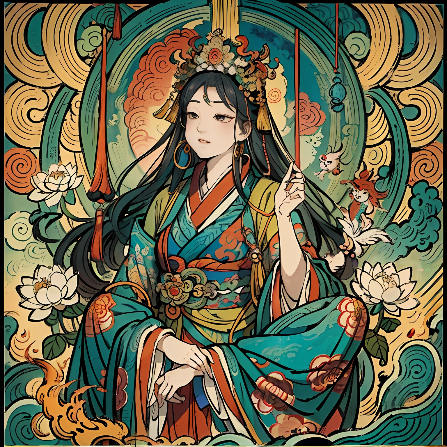 an ancient Chinese goddess, guanyin of the southern seas, Guanyin, Inspired by India, Avalokiteshvara rides a phoenix，,Serene expression,shui mo hua,Buddha,Buddhist,Lotus,Chinese painting style,Thangka style