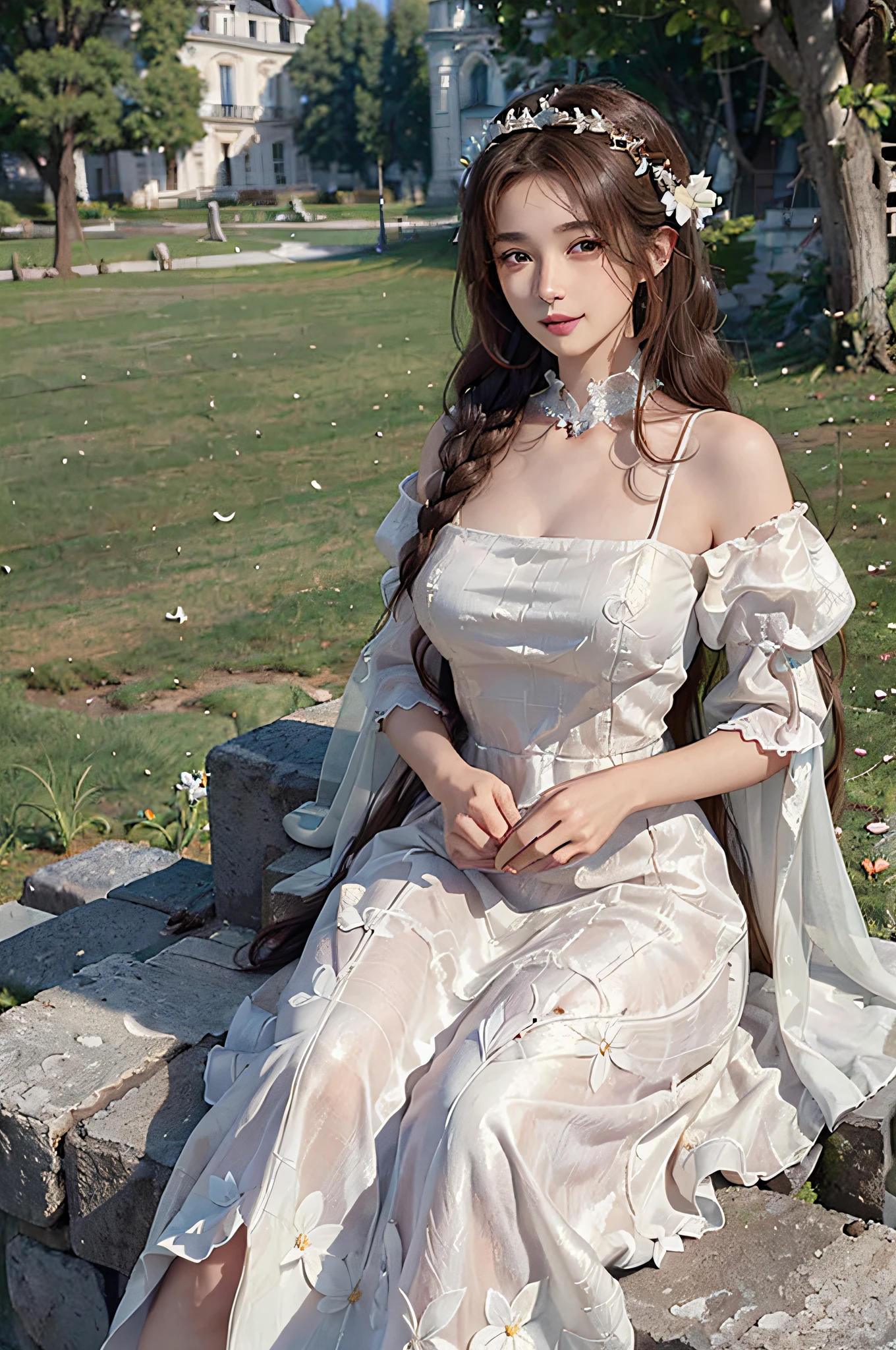 (((masterpiece))), (((best quality))), ((ultra-detailed)), ((extremely delicate and beautiful fabric)), (dark souls), (beautiful detailed woman), (long brown hair), side braid, (hair covering one eye), (brown eyes), girlfriend, excited smile, medium breasts, (white chiffon gown), red sash, beautiful details, petals, (french countryside background)