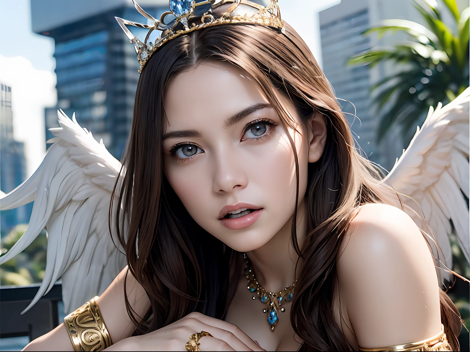 Ultra-detailed complex 3D rendering of the face, (Colossal: 8.8), (masterpiece, top quality, octane rendering, 8K), glamour shot full body image, cleavage, (highly detailed skin: 1.2), (exposure: 1.1), (blonde), (wearing a plummet tank top of gold silk: 1.5)), blonde hair, beautiful Caucasian woman with full soft breasts and white skin, one with big ass, long braided hair, big breasts, dynamic angle, mystical expression, ultra-realistic photography, (((((portrait))), bare feet, futuristic city background, facial muscles, detailed and beautiful queen tiara, in the style of Marvel Comics, clear focus, studio photography, intricate details, highly detailed, detailed yellow eyes, sharp focus, digital rendering, professional, abs, ((((sexy pose))), natural jungle, open mouth lightly, mansle, open crotch, seductive look, angel ring, detailed angel wings, angel ring, detailed mouth inside,