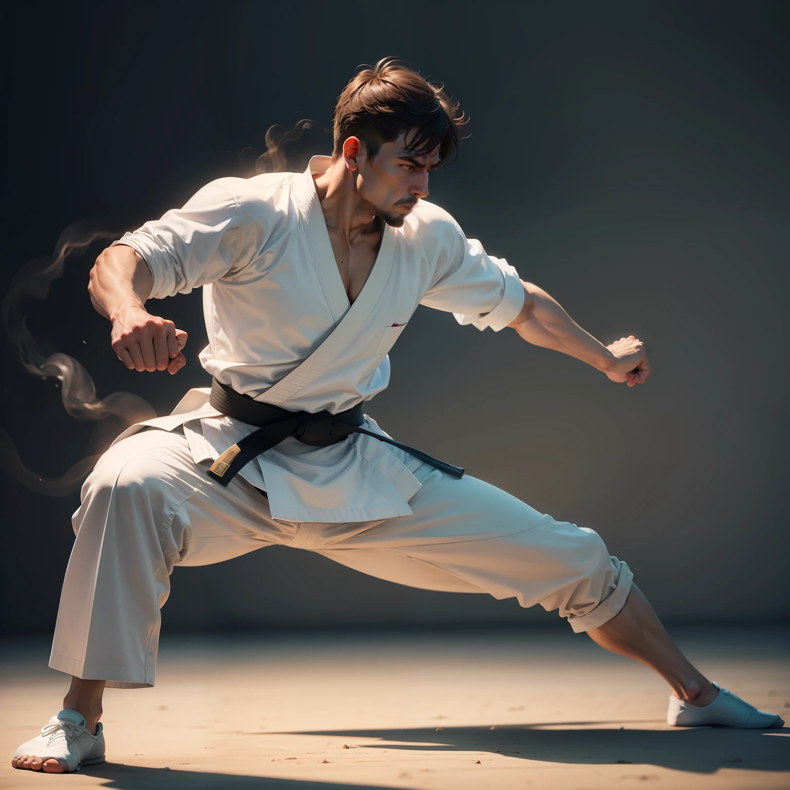 A karate man fights with a shadow
