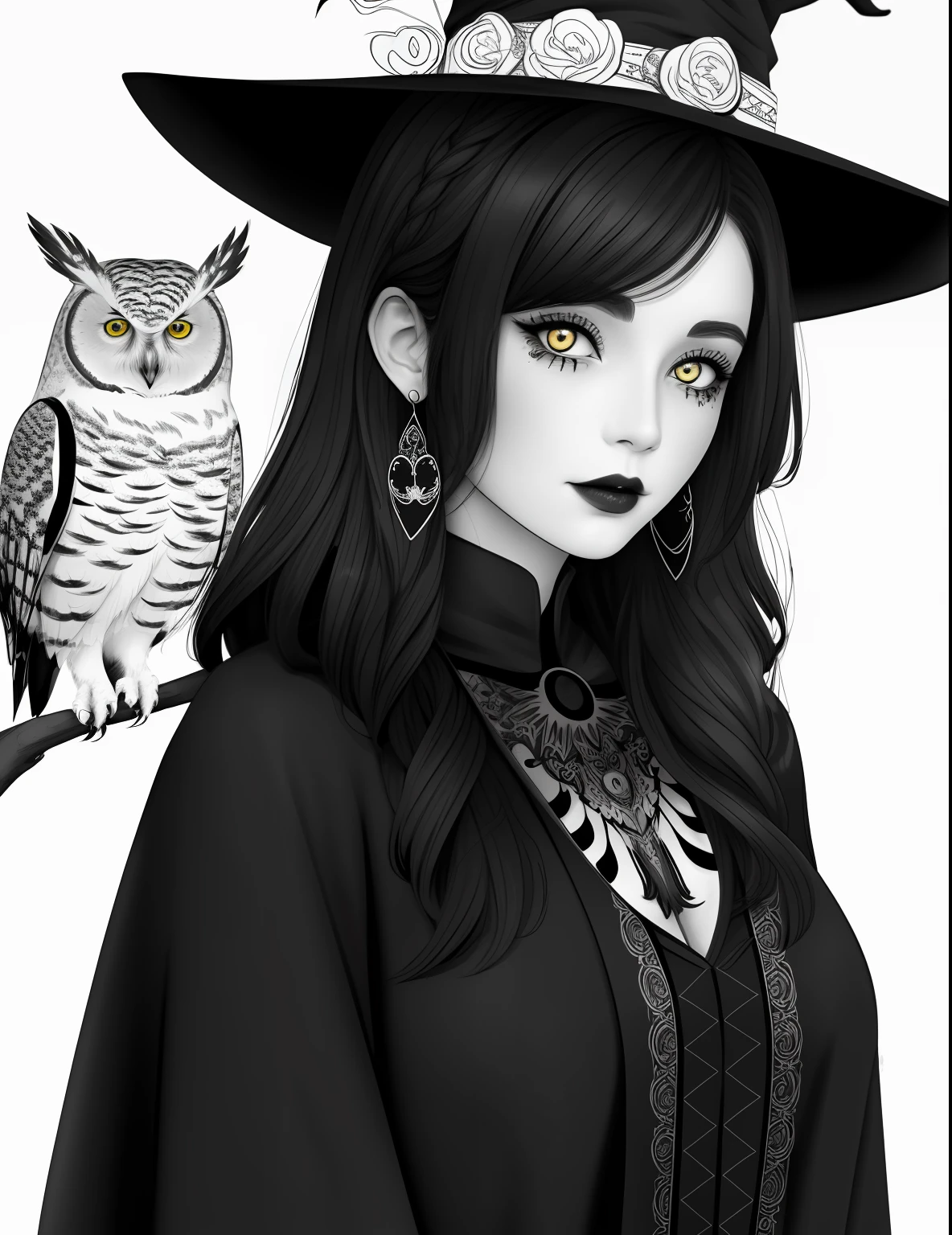 A coloring page with a girl and an owl in a Halloween scene, beautiful witch spooky female, line art colouring page, Retrato de uma jovem bruxa, Bruxa bonita com cabelo longo, black and white coloring, beautiful witch female, coloring book outline, Retrato de uma jovem bruxa, bruxa feminina bonita, clean coloring book page, bela arte de linha, arte vetorial em preto e branco