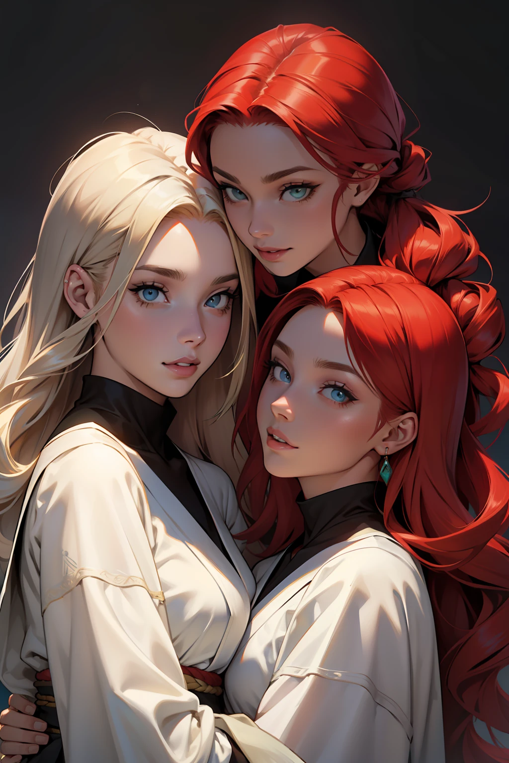 ((melhor qualidade)), ((obra-prima)), (altamente detalhado:1.3), duas mulheres, 2 women identical red-haired twin sisters with sereja colored hair, Cabelos Longos, seios fartos olhos bonitos, uma com olhar sedutor em um quimono preto, a outra com um quimono branco e um olhar gentil, Running with wolves on a plateau in feudal Japan Two seductive women, cabelos vermelhos cor de cereja, longos cabelos vermelhos, twin sisters, cabelos vermelhos, Elengantes, Two young women, com longos cabelos vermelhos cereja e olhos verde-esmeralda, rosto bonito, rosto detalhado, Grande seiso, seios fartos, rosto perfeito,, detailed hands, Pacotes Perfeitos Quimonos de Luxo, sisters, mulheres bonitas, Perfect lips, fleshy lips, seios grande,s seios suculentos, seios fartos, beautiful twin sisters, twin sisters
