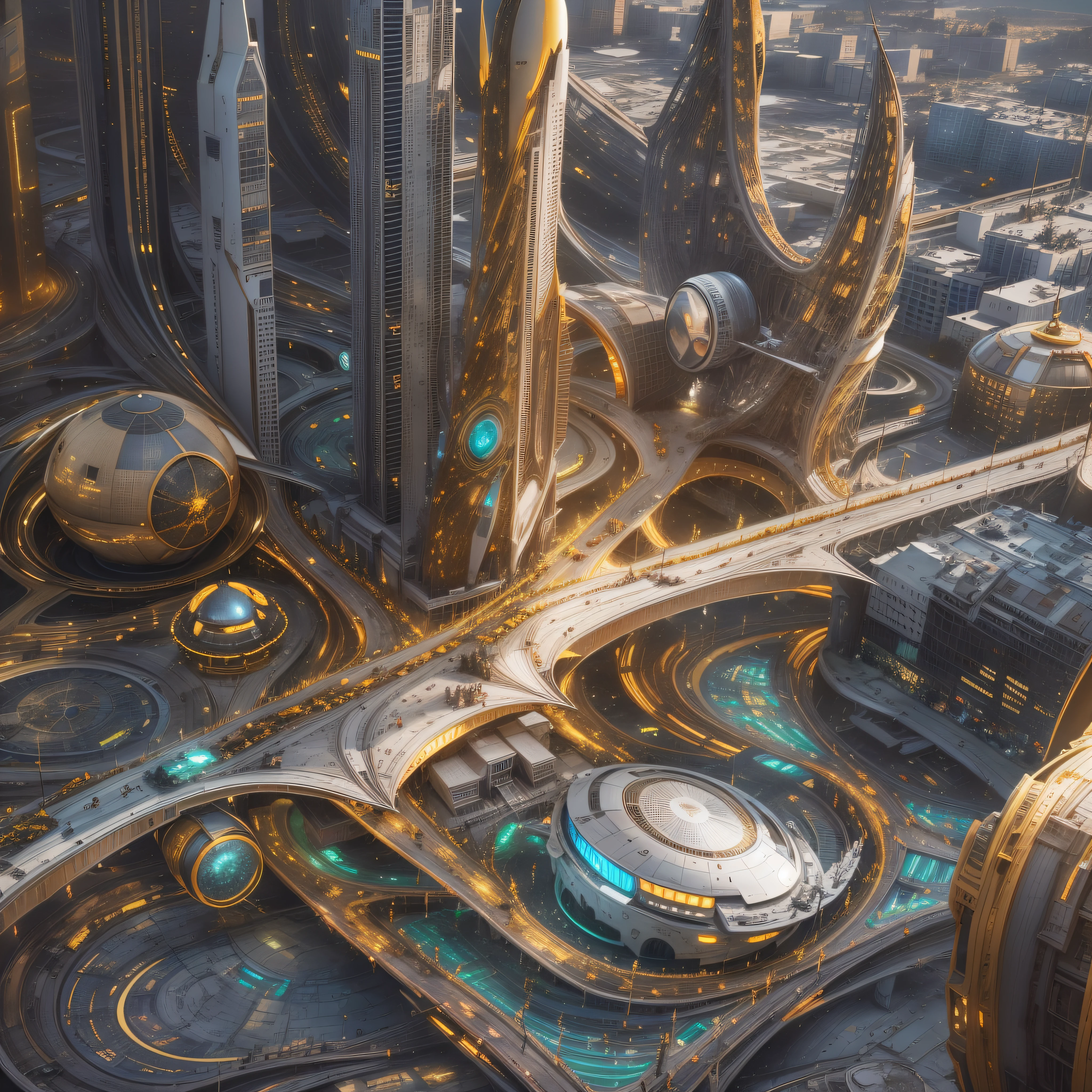 en un planeta desconocido la tripulacion de una spacecraft, Stroll through its bright pavement observing the immense buildings of great technology and fantastic design with colors of the luminous arch and abundance of silver, oro y bronce en sus edificaciones.