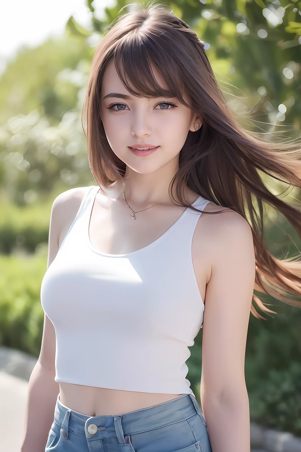 (8k, Best Quality, Masterpiece:1.2), (Realistic, Photorealistic:1.37), Ultra Detail, 1 Girl,Cute,Solo,Beautiful Detailed Sky,Date,(Blush),(Smile:1.15),(Closed Mouth)Small Breasts,Beautiful Detailed Eyes,(Long Hair: 1.2),Floating Hair NovaFrogStyle, Upper Body, Tank Top