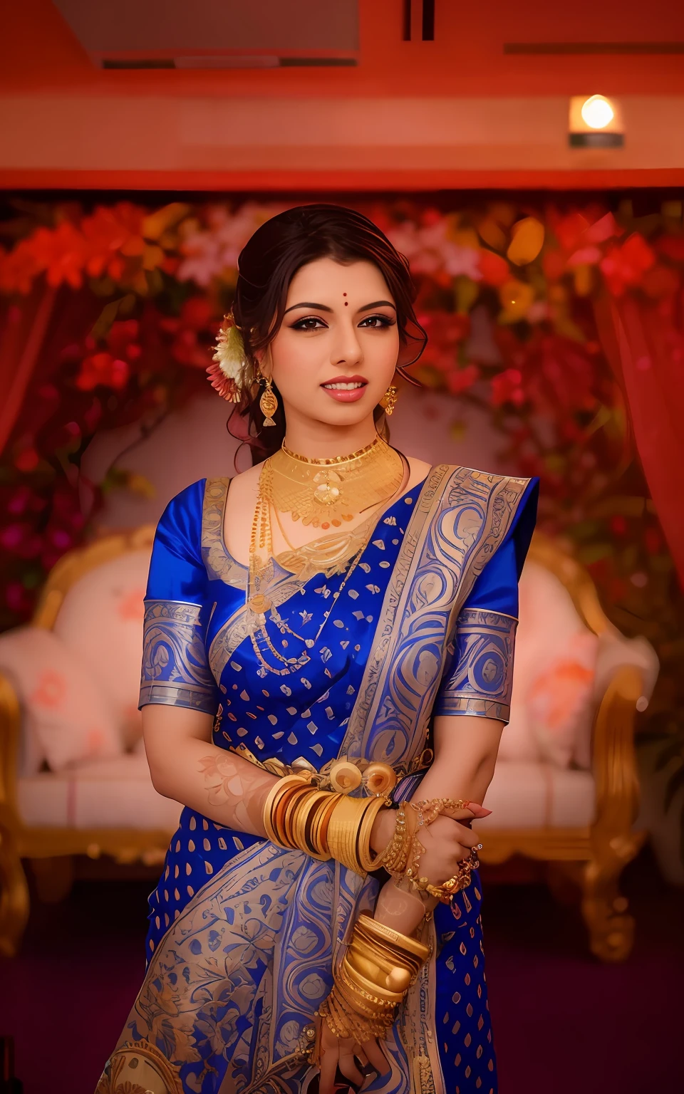 a photo of a 30-year-old woman, stylish, professional portrait, head-shot, slight smile, cute, background bokeh, bshree