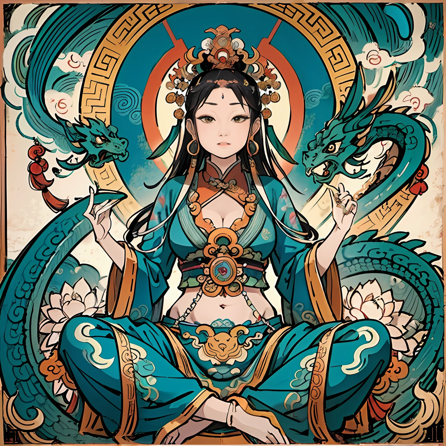 an ancient Chinese goddess, guanyin of the southern seas, Guanyin, Inspired by India, Avalokiteshvara rides a dragon，,Serene expression,shui mo hua,Buddha,Buddhist,Lotus,Chinese painting style,Thangka style