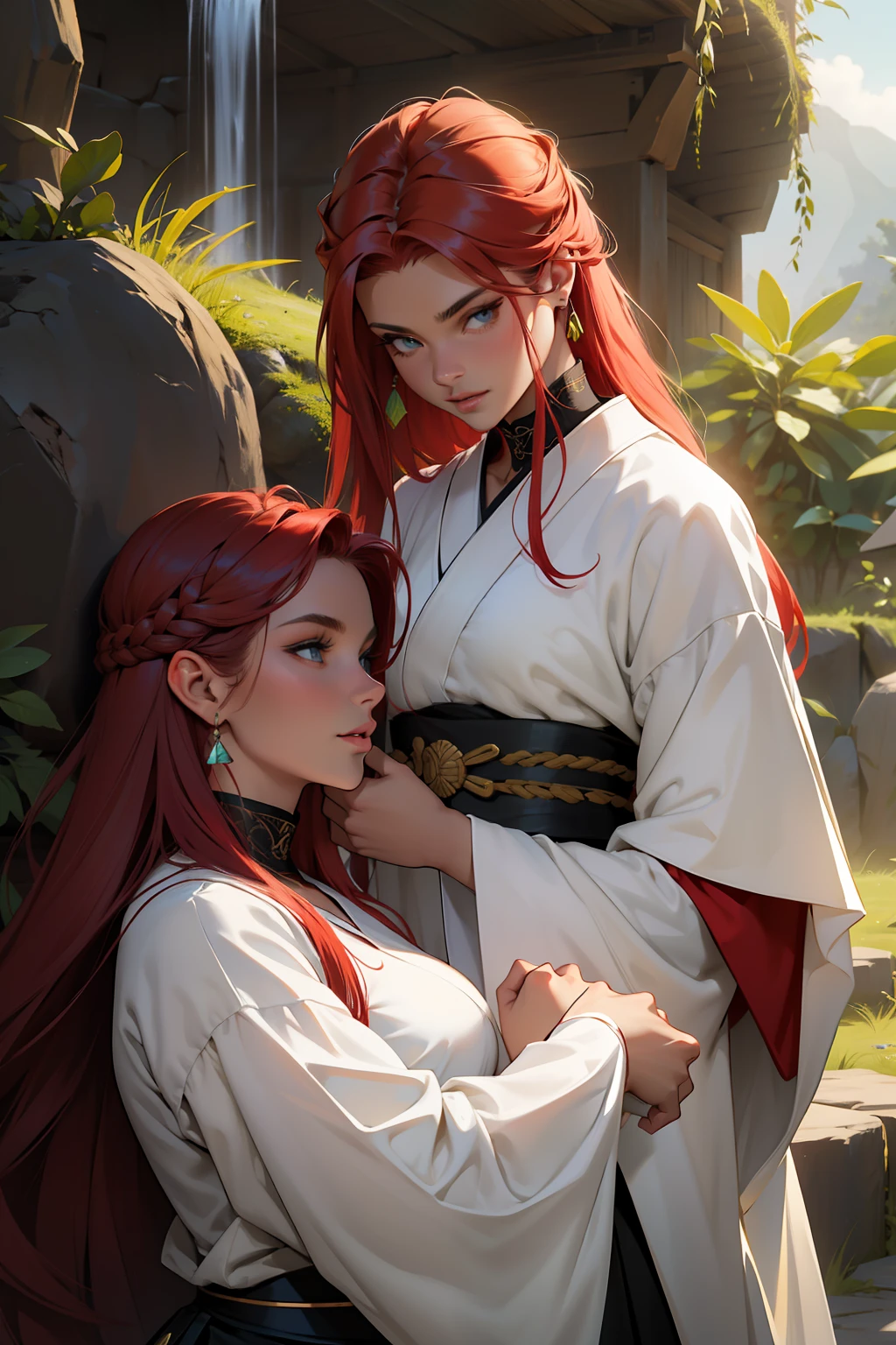 ((melhor qualidade)), ((obra-prima)), (altamente detalhado:1.3), duas mulheres, 2 women identical red-haired twin sisters with sereja colored hair, Cabelos Longos, seios fartos olhos bonitos, uma com olhar sedutor em um quimono preto, a outra com um quimono branco e um olhar gentil, Running with wolves on a plateau in feudal Japan Two seductive women, cabelos vermelhos cor de cereja, longos cabelos vermelhos, twin sisters, cabelos vermelhos, Elengantes, Two young women, com longos cabelos vermelhos cereja e olhos verde-esmeralda, rosto bonito, rosto detalhado, Grande seiso, seios fartos, rosto perfeito,, detailed hands, Pacotes Perfeitos Quimonos de Luxo, sisters, mulheres bonitas, Perfect lips, fleshy lips, seios grande,s seios suculentos, seios fartos, identical twin sisters