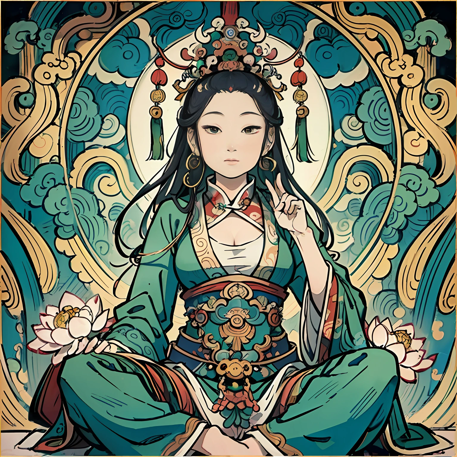 an ancient Chinese goddess, guanyin of the southern seas, Guanyin, Inspired by India, Avalokiteshvara,,Serene expression,shui mo hua,Buddha,Buddhist,Lotus,Chinese painting style,Thangka style
