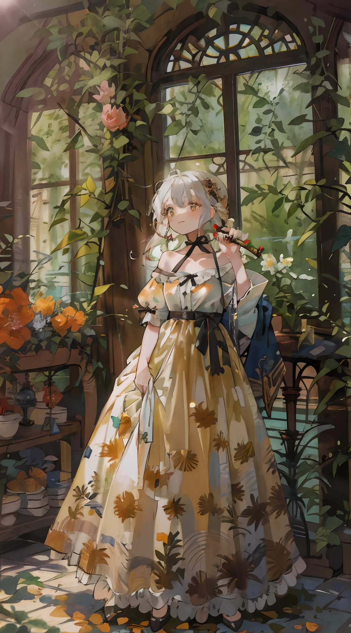 softlighting，soft focus，Hazy picture，Huge stained windows，The windows are transparent，1girll，Golden birdcage，Thorny vines，Red butterfly，mitts，（very intricate），Exquisite，Complex hairstyles，long  skirt，RococoStyle，Bow knot，Cross straps，Gorgeous dress，Large skirt，frilld，Love decoration，（Elegant vintage clothing design），rosette，whaite hair，long  white hair，The brightness of the picture is high，Low contrast，The overall feeling is like an oil painting，trpical garden，Close-up，Close-up Shot Shot，Holy，Holy