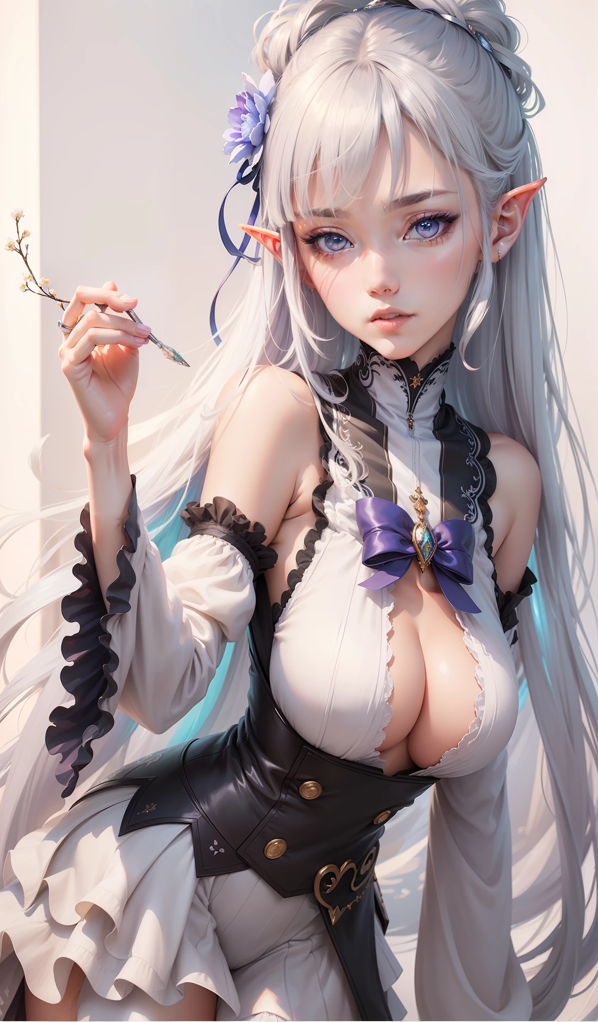 ((top-quality)), ((masterpiece)), ((realisitic)), (detaileds),animesque、anime styled、Close up portrait of woman with gray hair color、elf ears,Beautiful shining eyes, Like crystal clear glass、4K high-definition digital art、stunning digital illustration、Stunning 8K artwork、colorfull digital fantasy art、Colorful and bright、beautiful digital works of art、Colorful Digital Anime Art、Portrait of beautiful woman、8K HD Digital Wallpaper Art、 Gorgeous Digital Painting