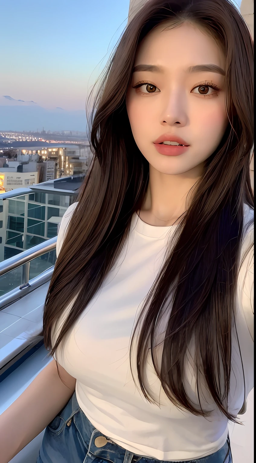 ((Midnight, Best quality, 8k, Masterpiece :1.3)), Whole body, Long legs, Sharp focus :1.2, A pretty woman with perfect figure :1.4, Slender abs :1.1, ((Dark brown hair, Big breasts :1.2)), (White tight tshirt, Jean bib, Standing:1.2), ((Night city view, Rooftop:1.3)), Highly detailed face and skin texture, Detailed eyes, Double eyelid